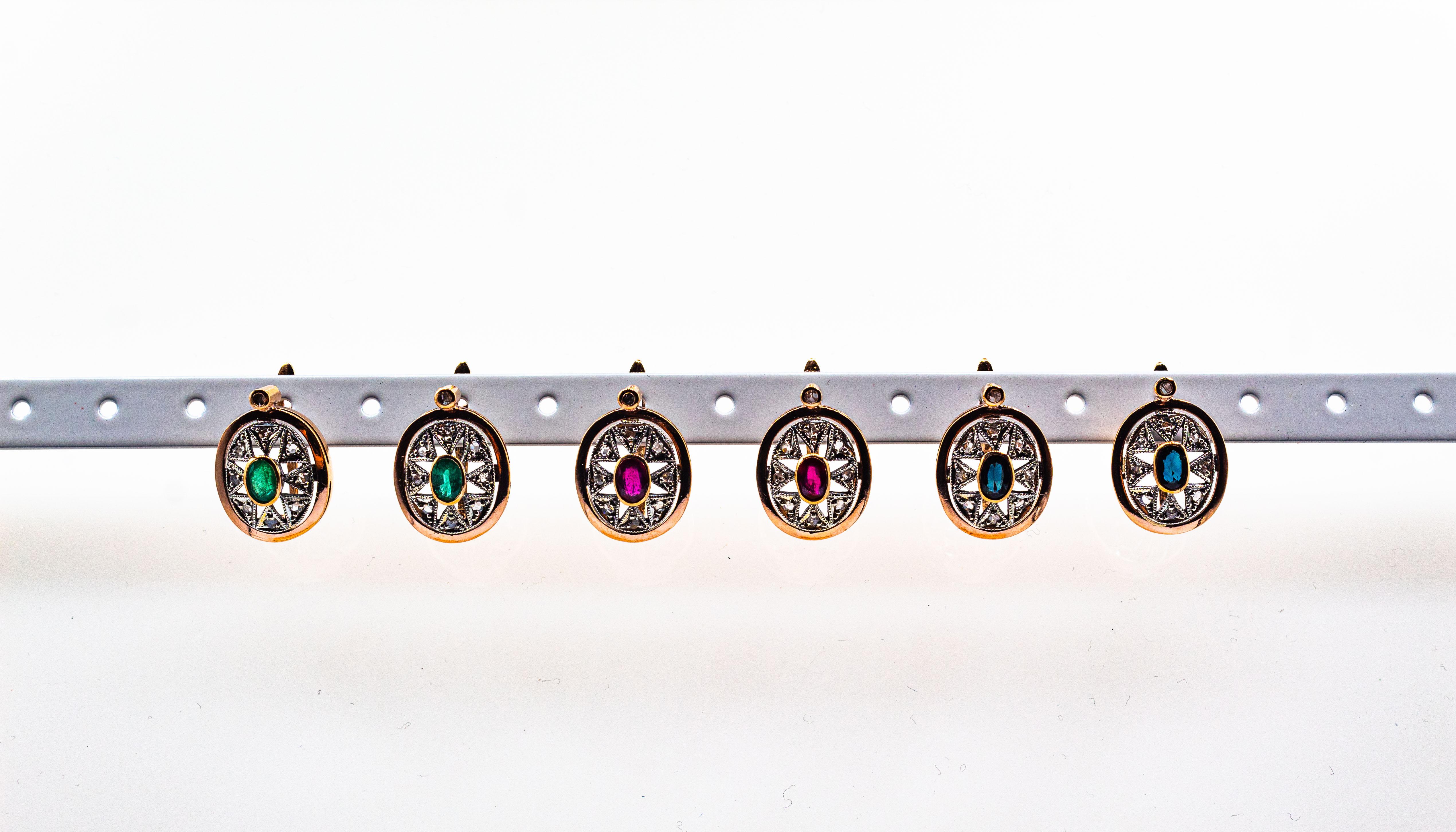 Taille rose Pendants d'oreilles de style Art déco en or jaune avec diamants blancs et saphirs bleus taille rose en vente