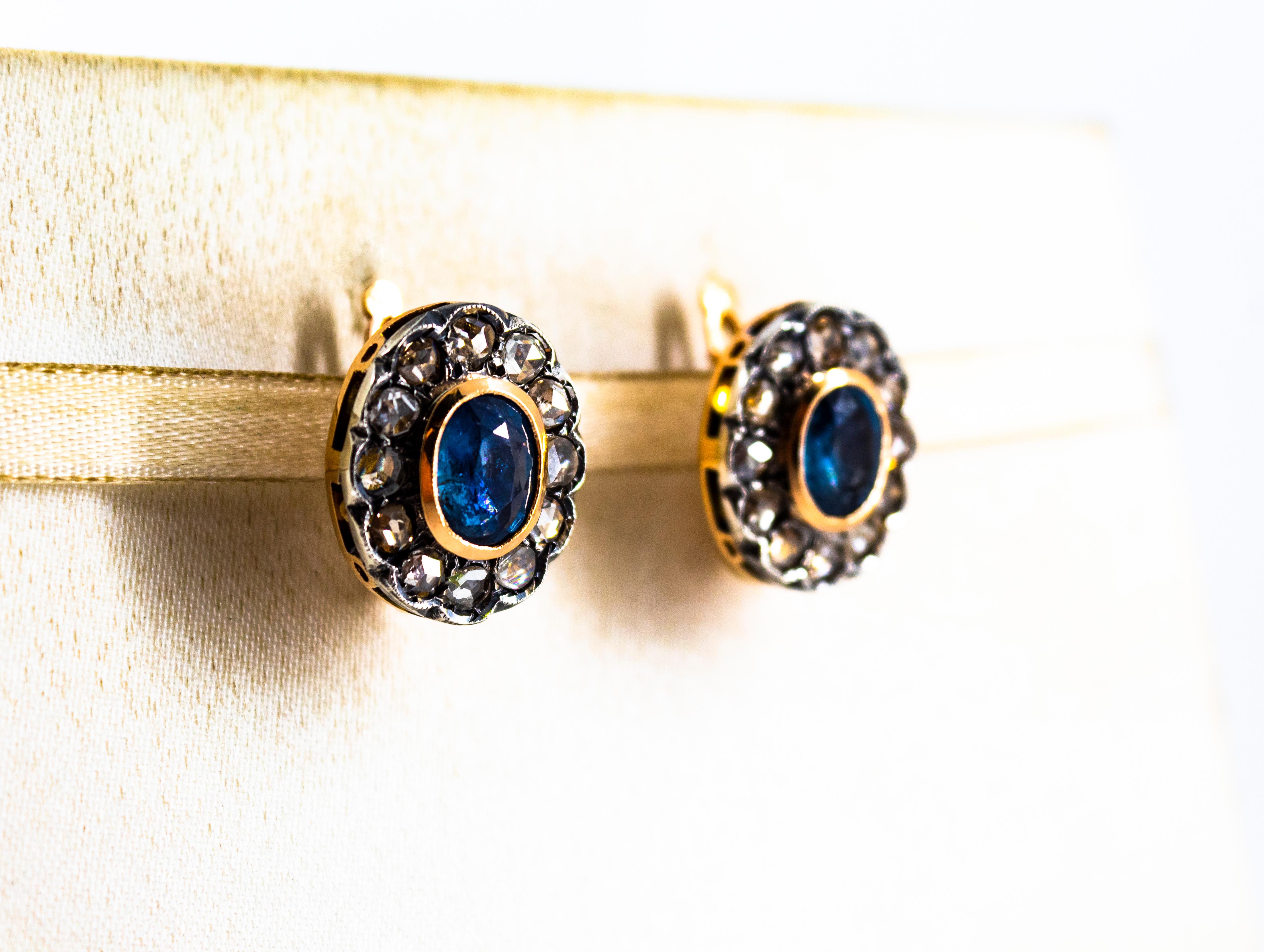 Women's or Men's Art Deco Style White Rose Cut Diamond Blue Sapphire Yellow Gold Dangle Earrings For Sale