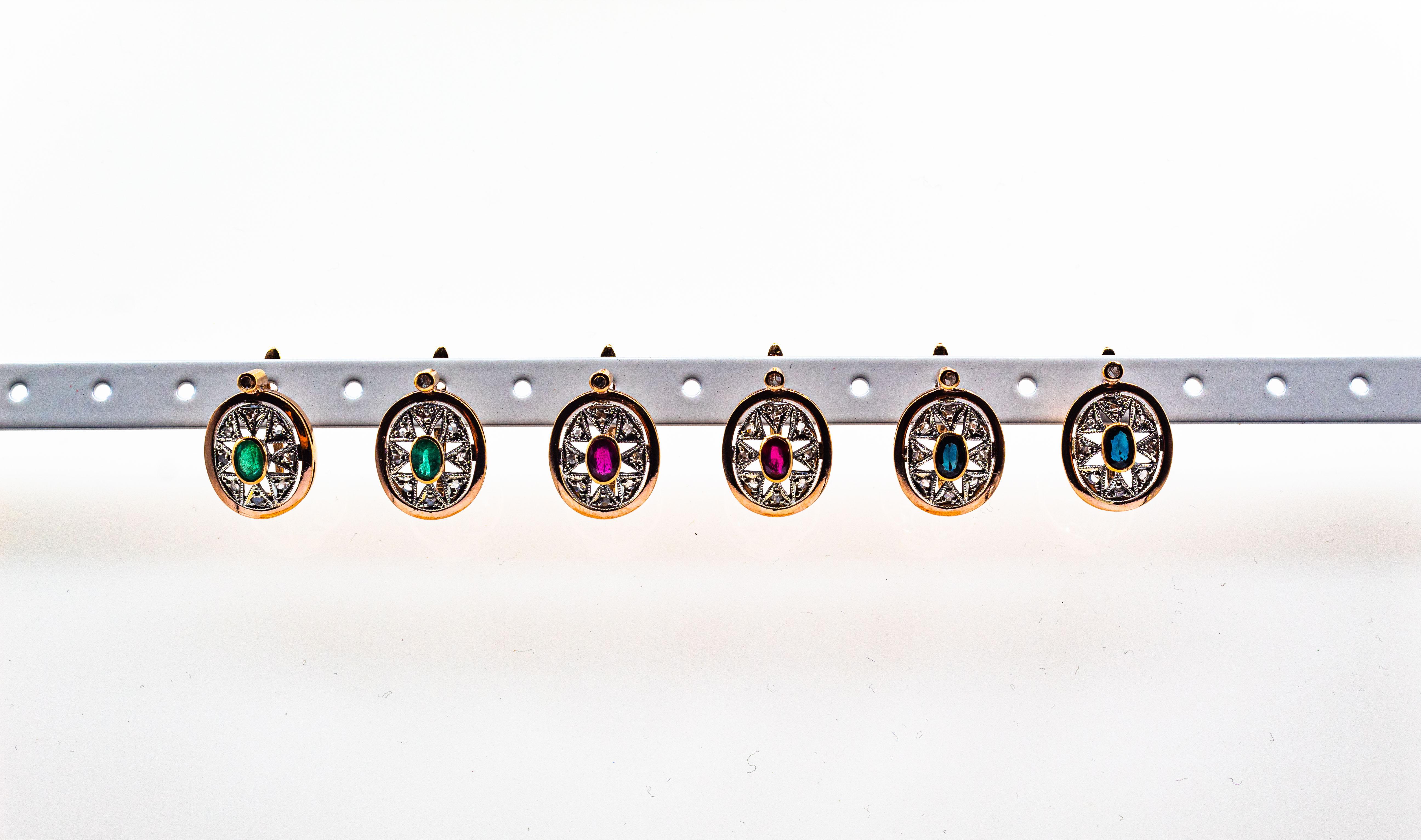Pendants d'oreilles de style Art déco en or jaune avec diamants blancs et saphirs bleus taille rose Neuf - En vente à Naples, IT