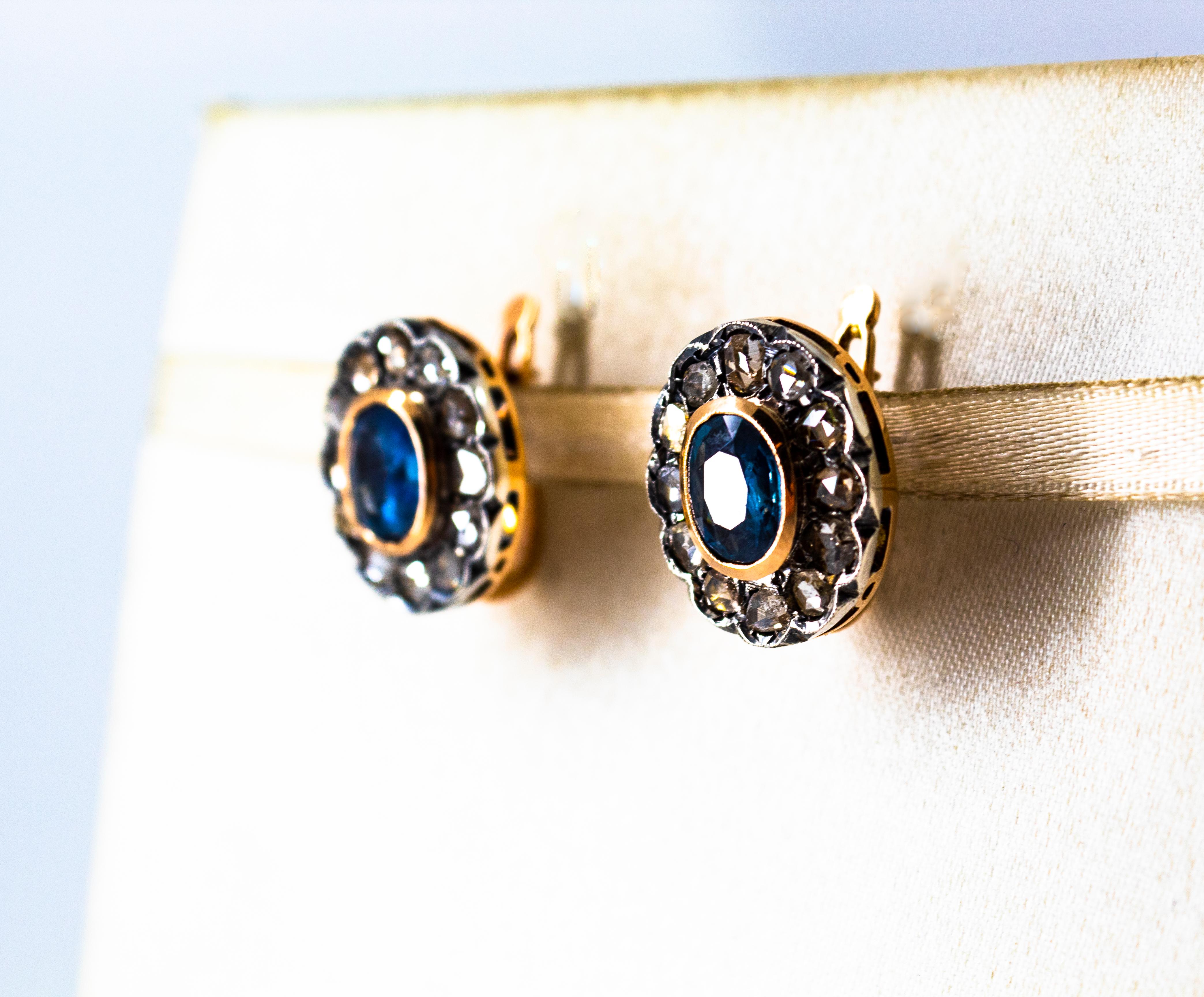 Gelbgold-Ohrhänger im Art-déco-Stil mit weißem Diamanten im Rosenschliff und blauem Saphir für Damen oder Herren
