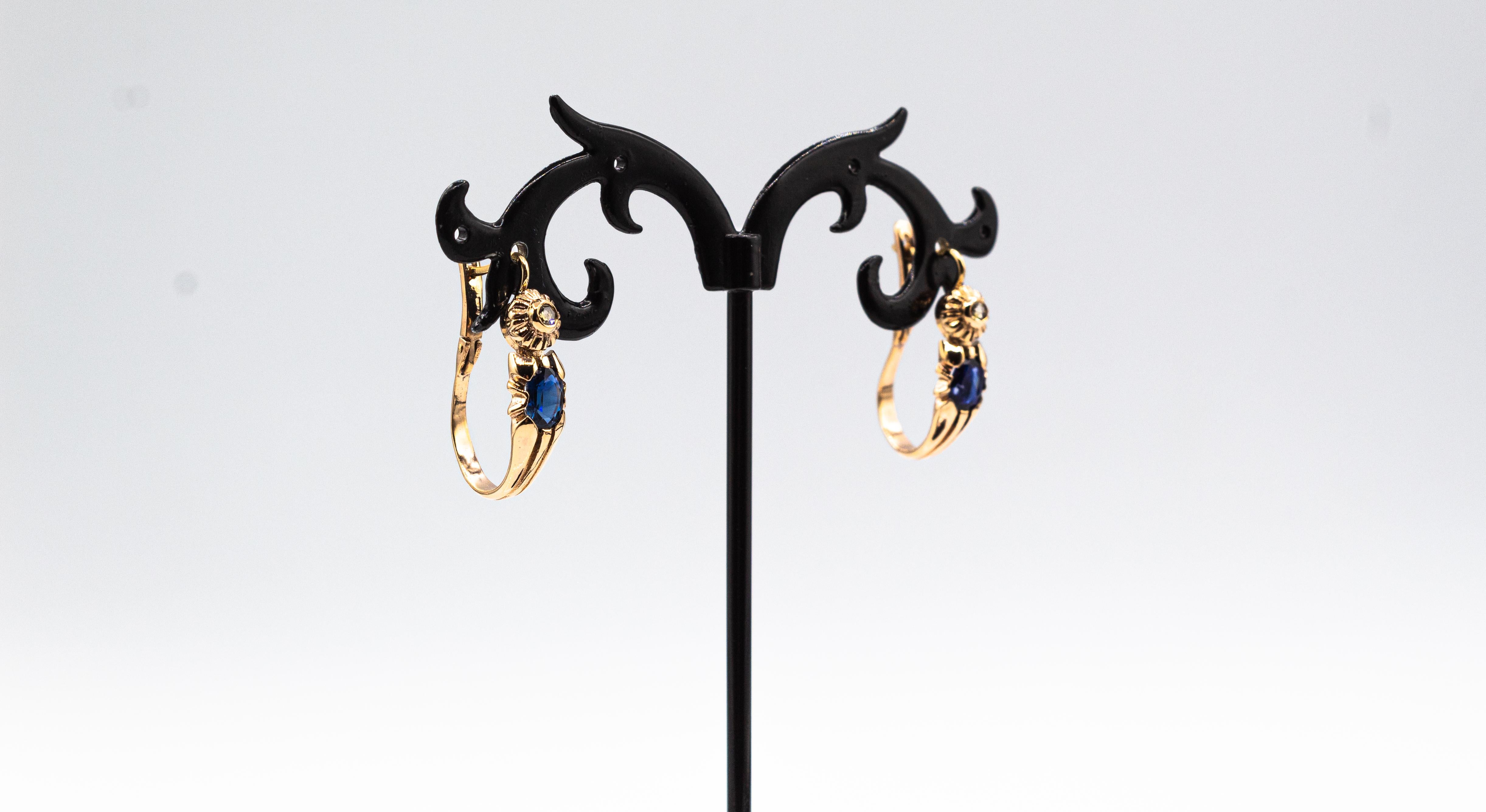Gelbgold-Ohrhänger im Art-déco-Stil mit weißem Diamanten im Rosenschliff und blauem Saphir für Damen oder Herren im Angebot