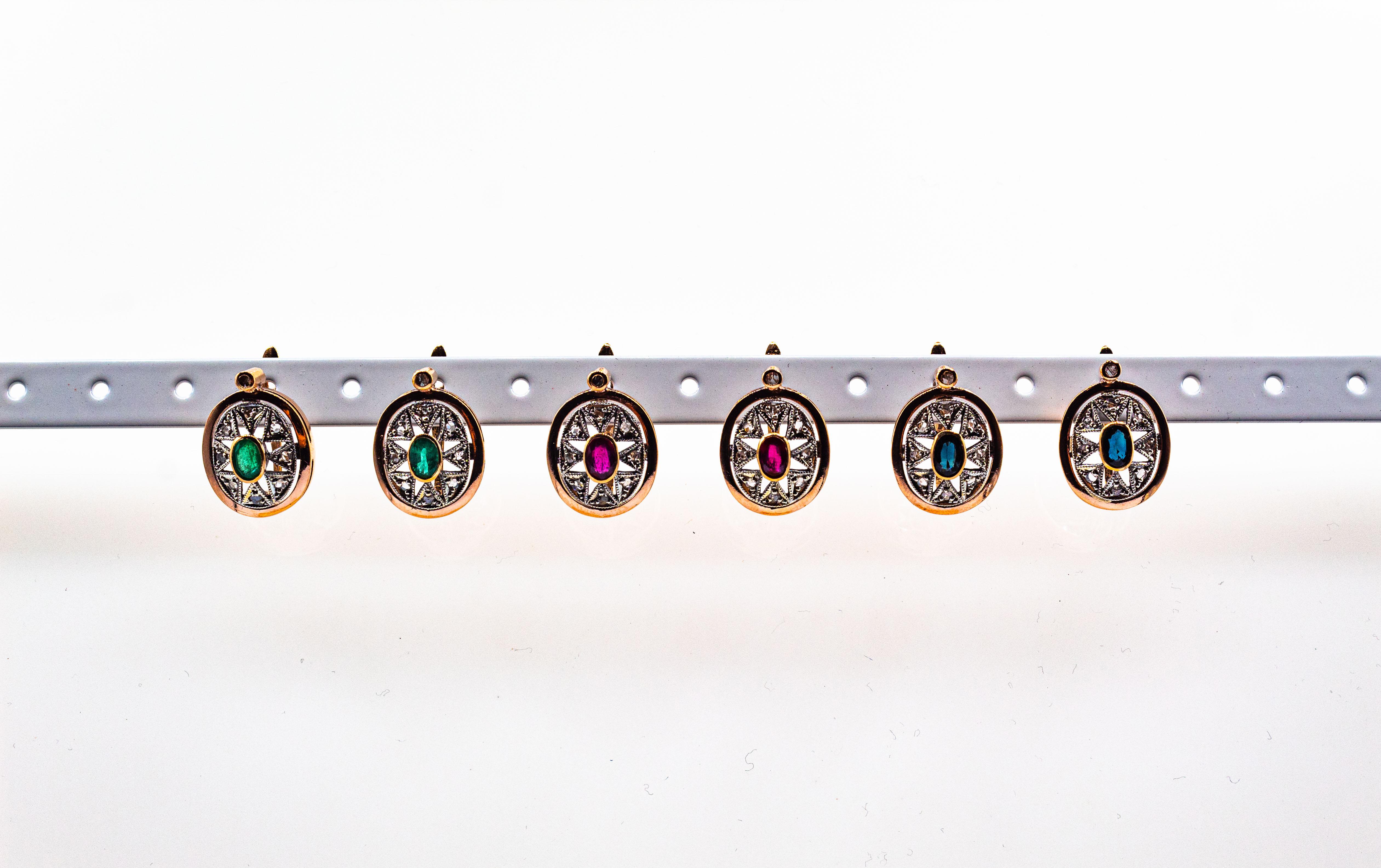 Pendants d'oreilles de style Art déco en or jaune avec diamants blancs et saphirs bleus taille rose Unisexe en vente