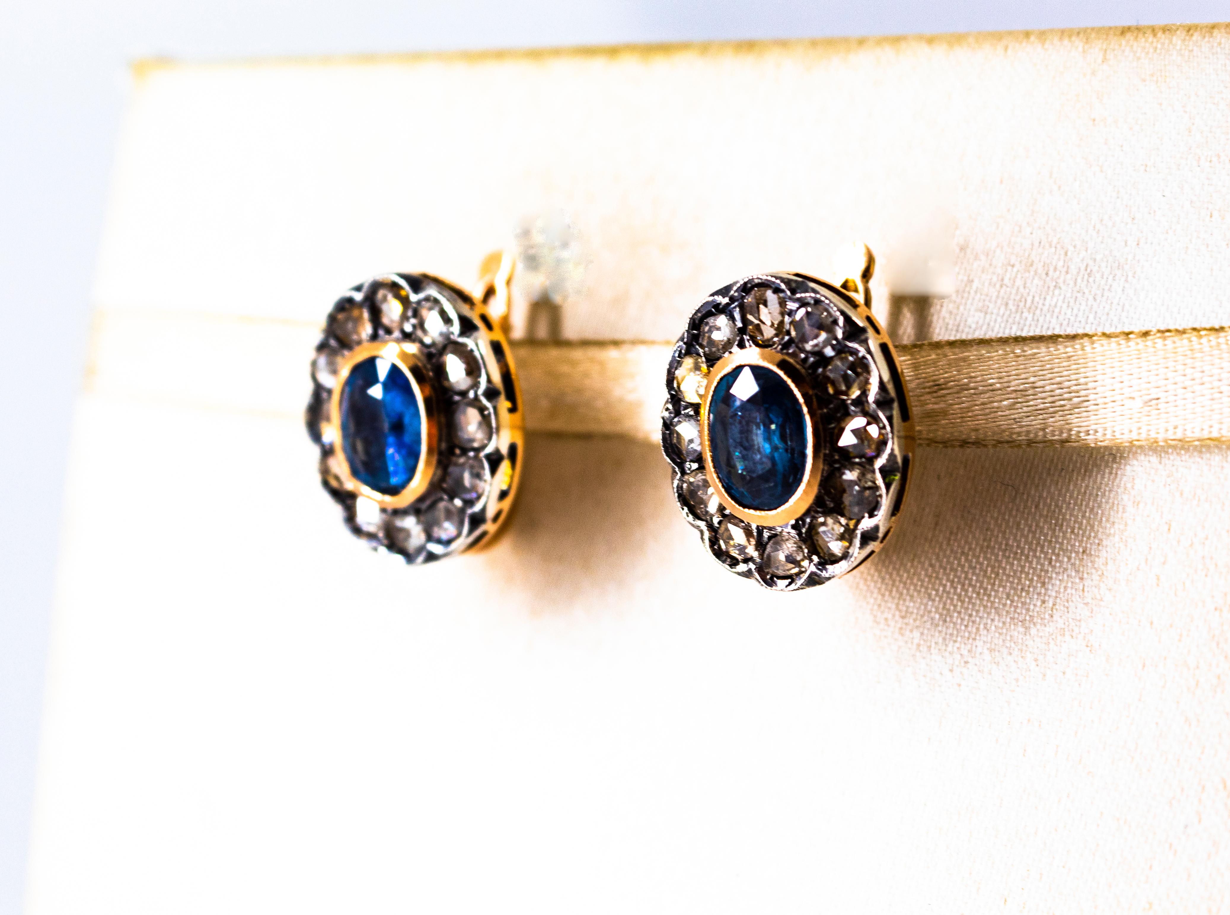 Art Deco Style White Rose Cut Diamond Blue Sapphire Yellow Gold Dangle Earrings For Sale 2