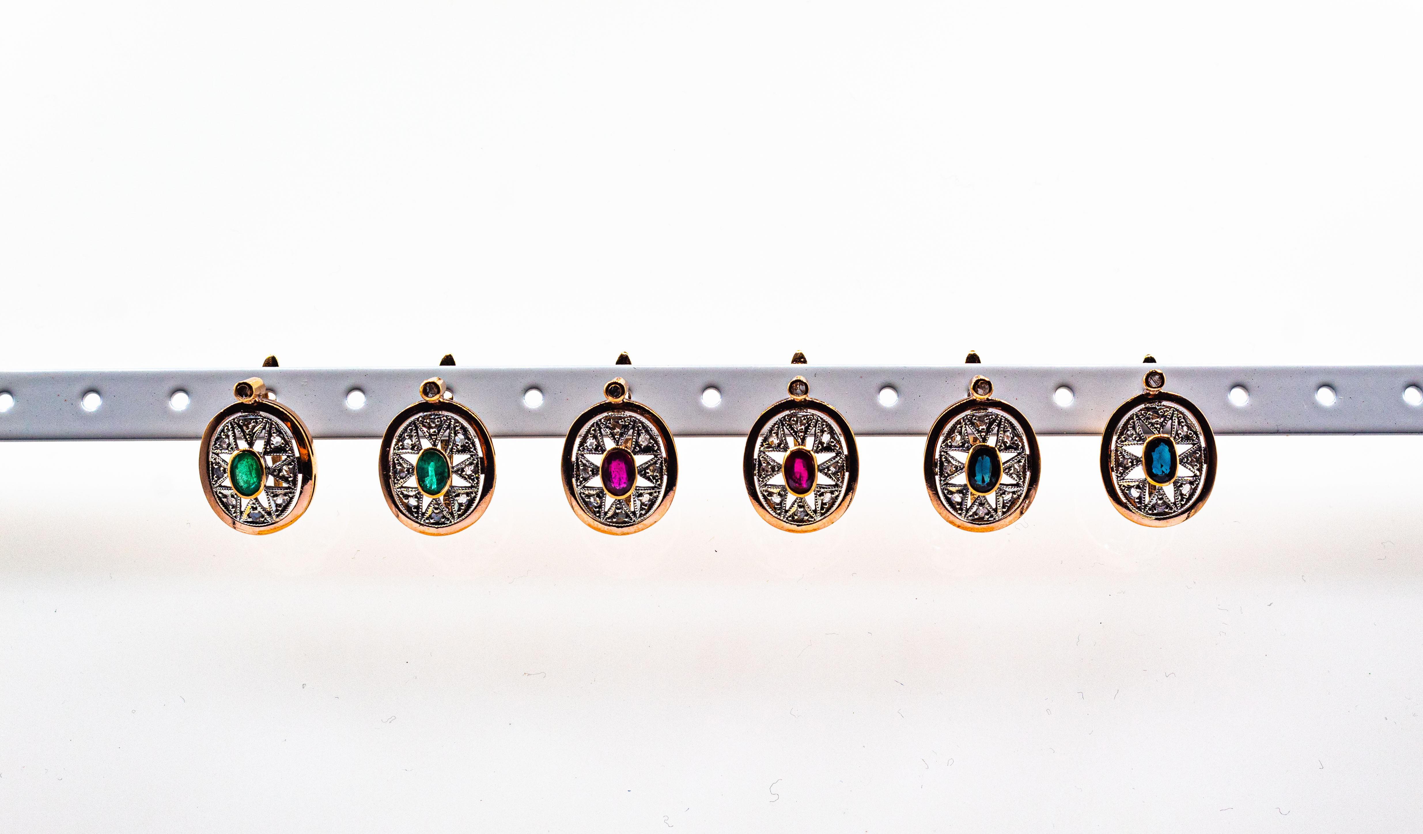 Pendants d'oreilles de style Art déco en or jaune avec diamants blancs et saphirs bleus taille rose en vente 1