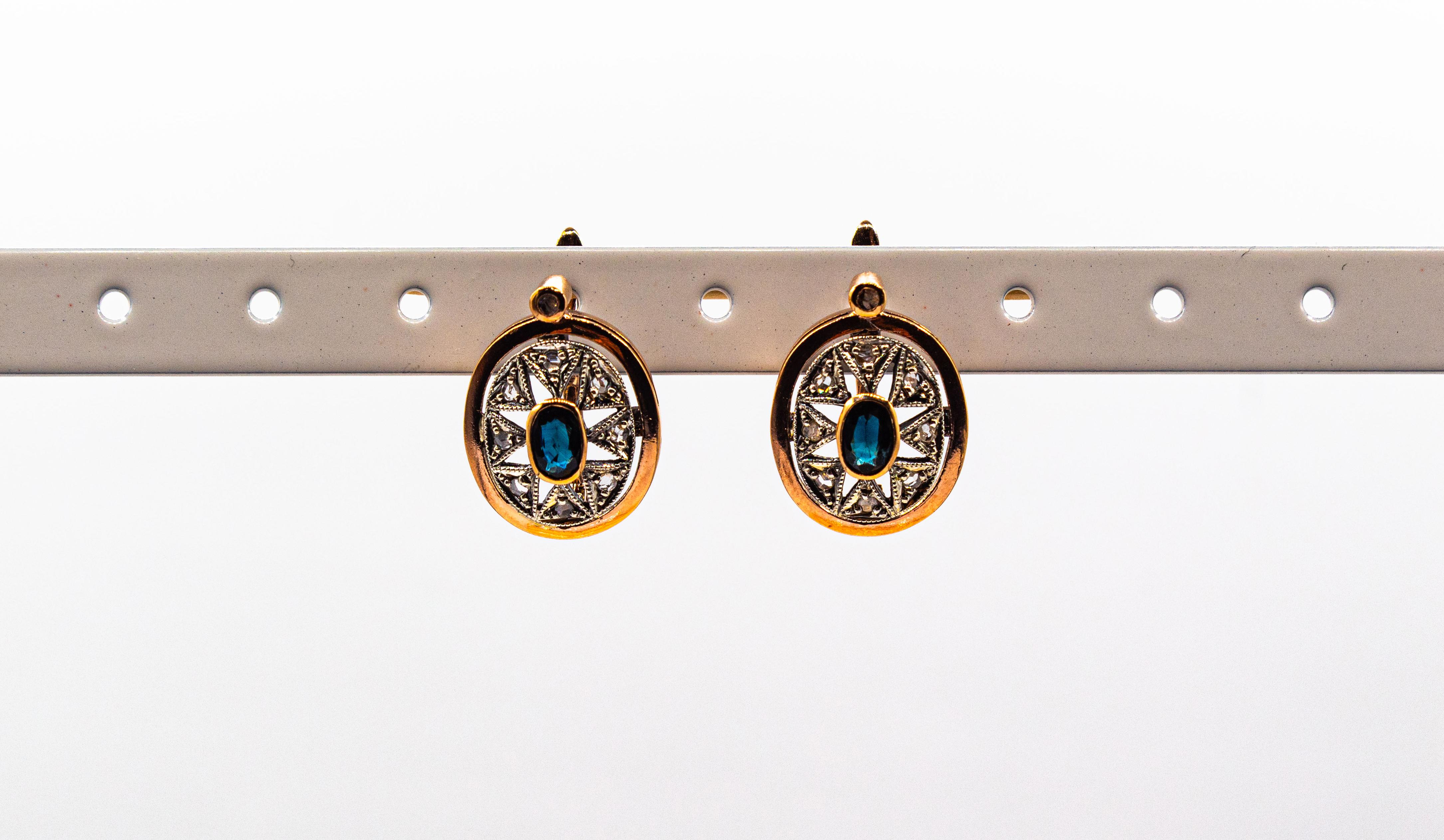 Art Deco Style White Rose Cut Diamond Blue Sapphire Yellow Gold Dangle Earrings For Sale 3