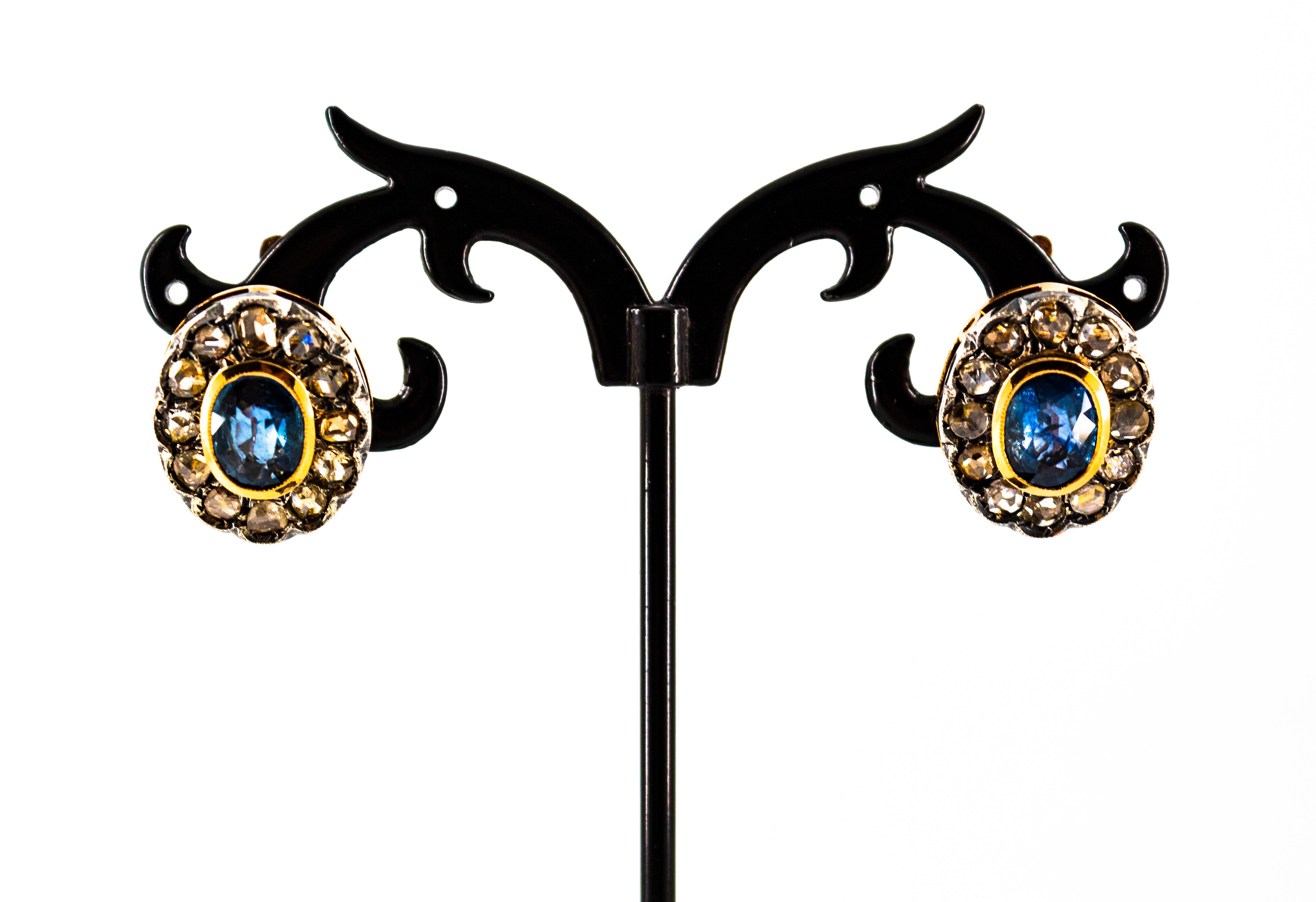 Art Deco Style White Rose Cut Diamond Blue Sapphire Yellow Gold Dangle Earrings For Sale 3