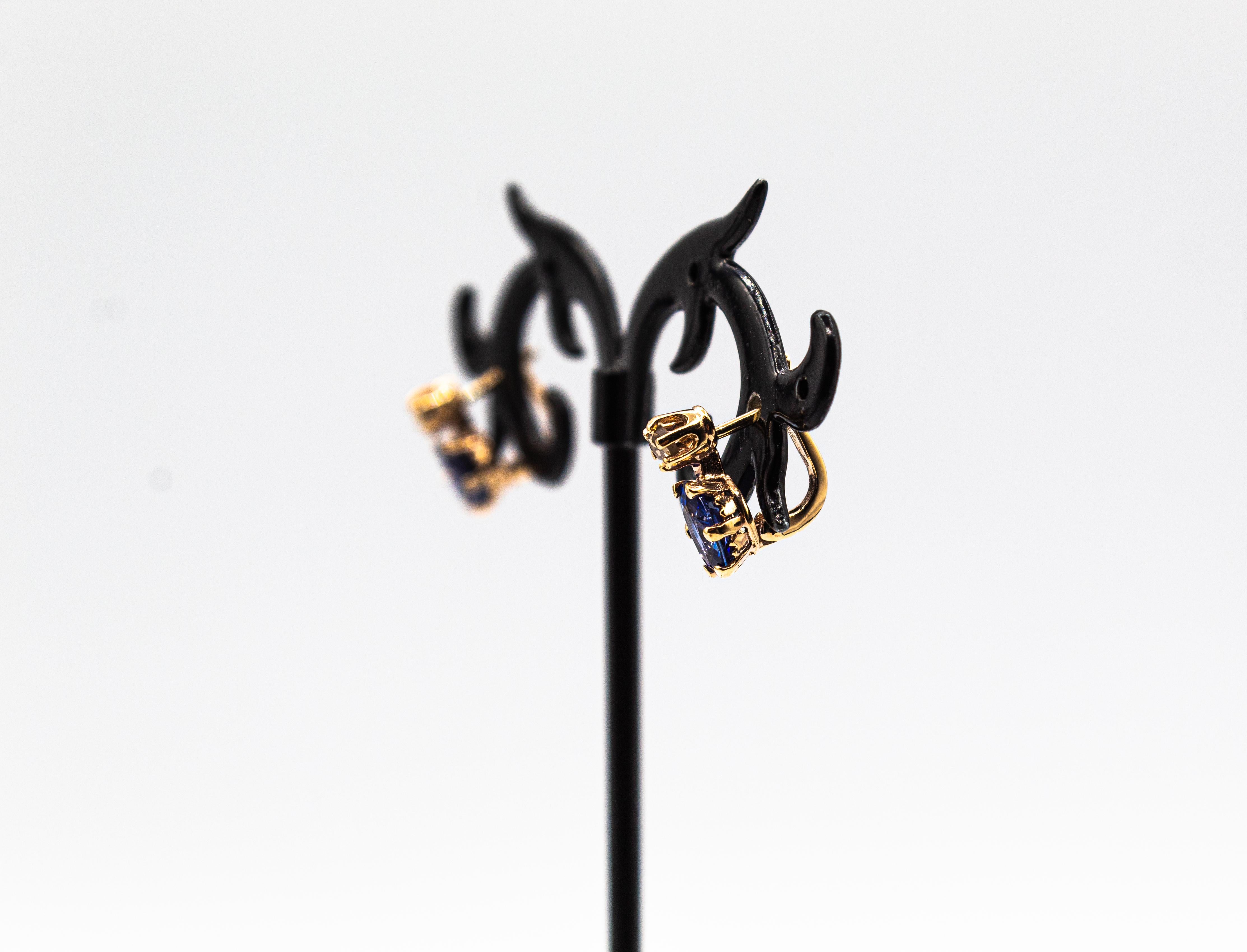 Gelbgold-Ohrhänger im Art-déco-Stil mit weißem Diamanten im Rosenschliff und blauem Saphir im Angebot 2