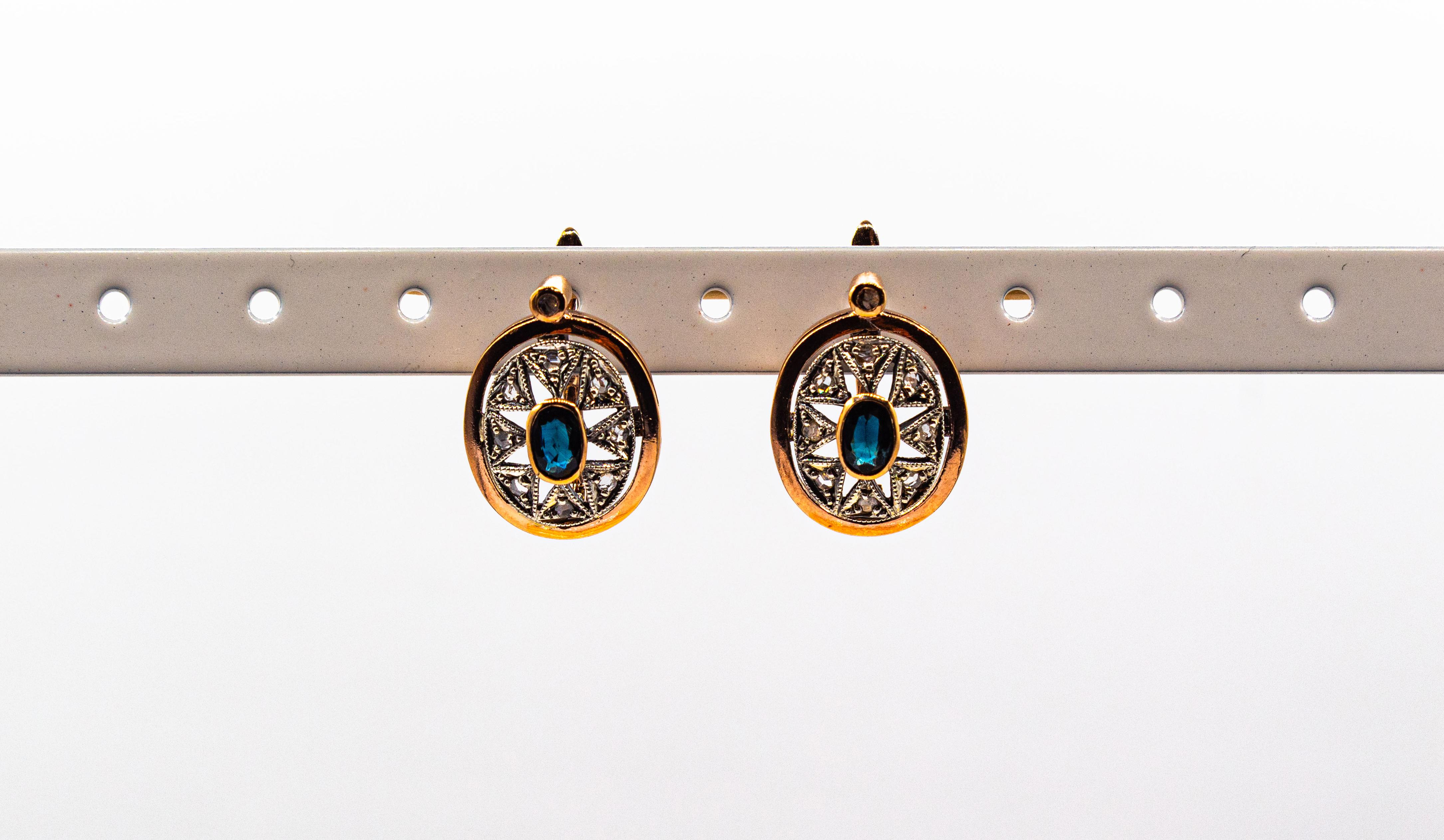 Pendants d'oreilles de style Art déco en or jaune avec diamants blancs et saphirs bleus taille rose en vente 2