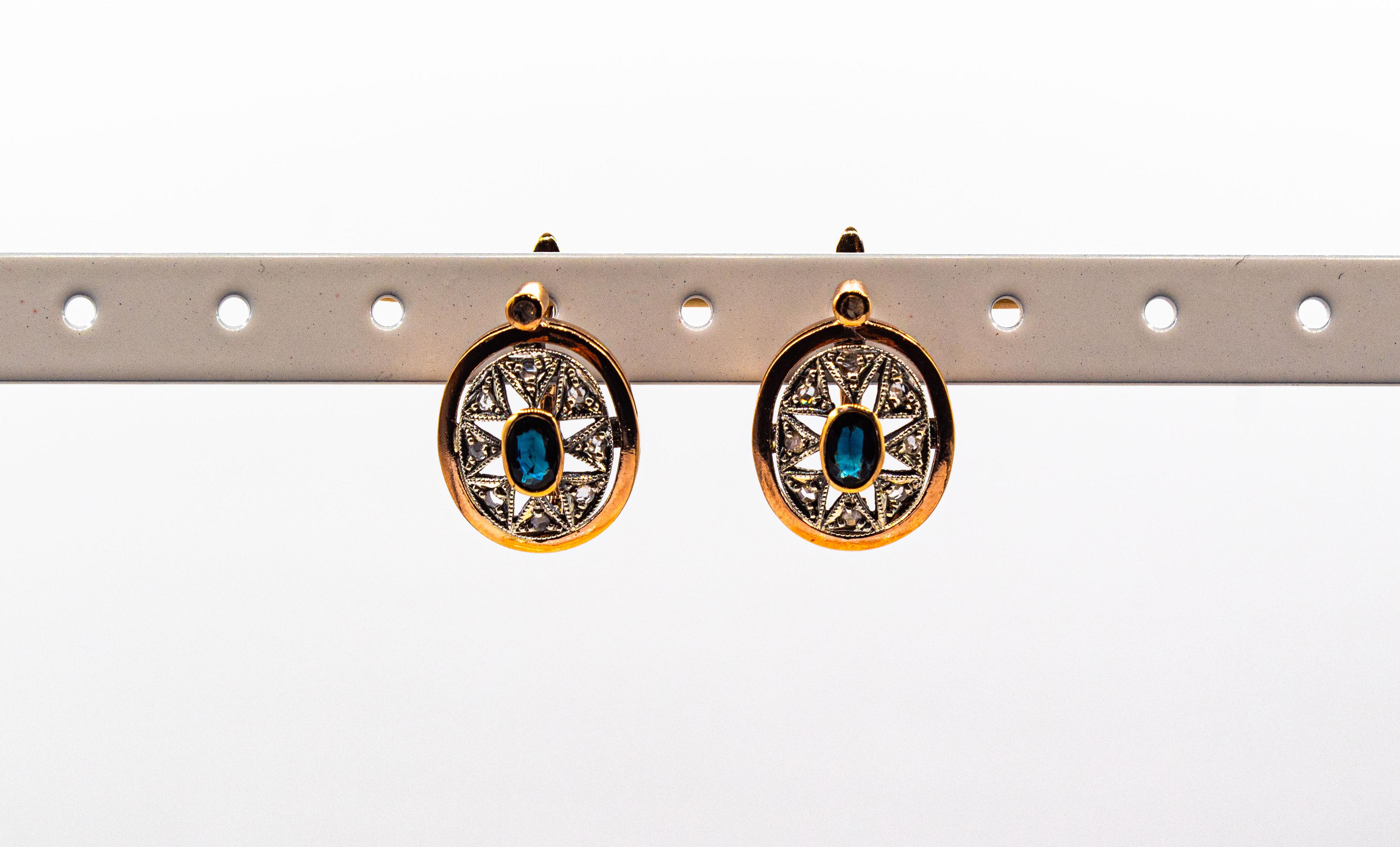 Art Deco Style White Rose Cut Diamond Blue Sapphire Yellow Gold Dangle Earrings For Sale 4