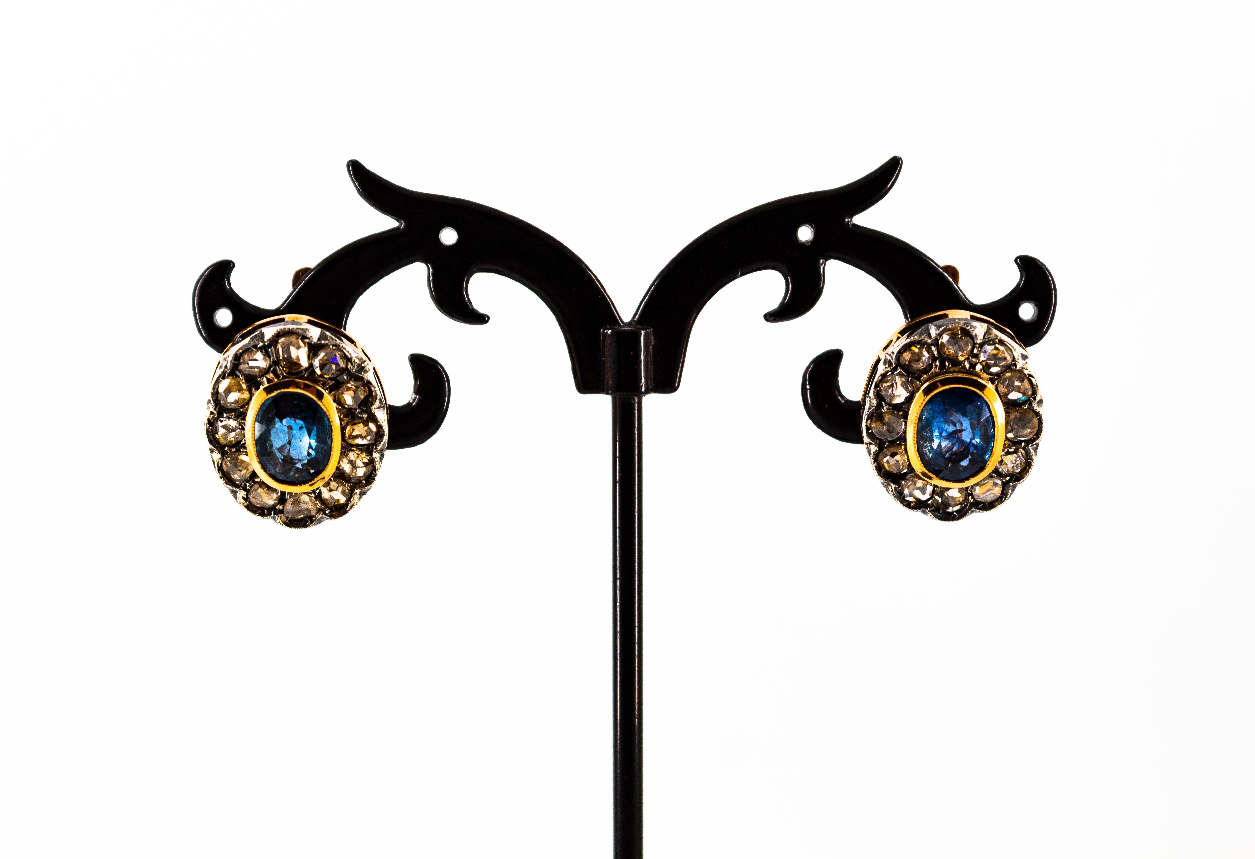 Art Deco Style White Rose Cut Diamond Blue Sapphire Yellow Gold Dangle Earrings For Sale 4