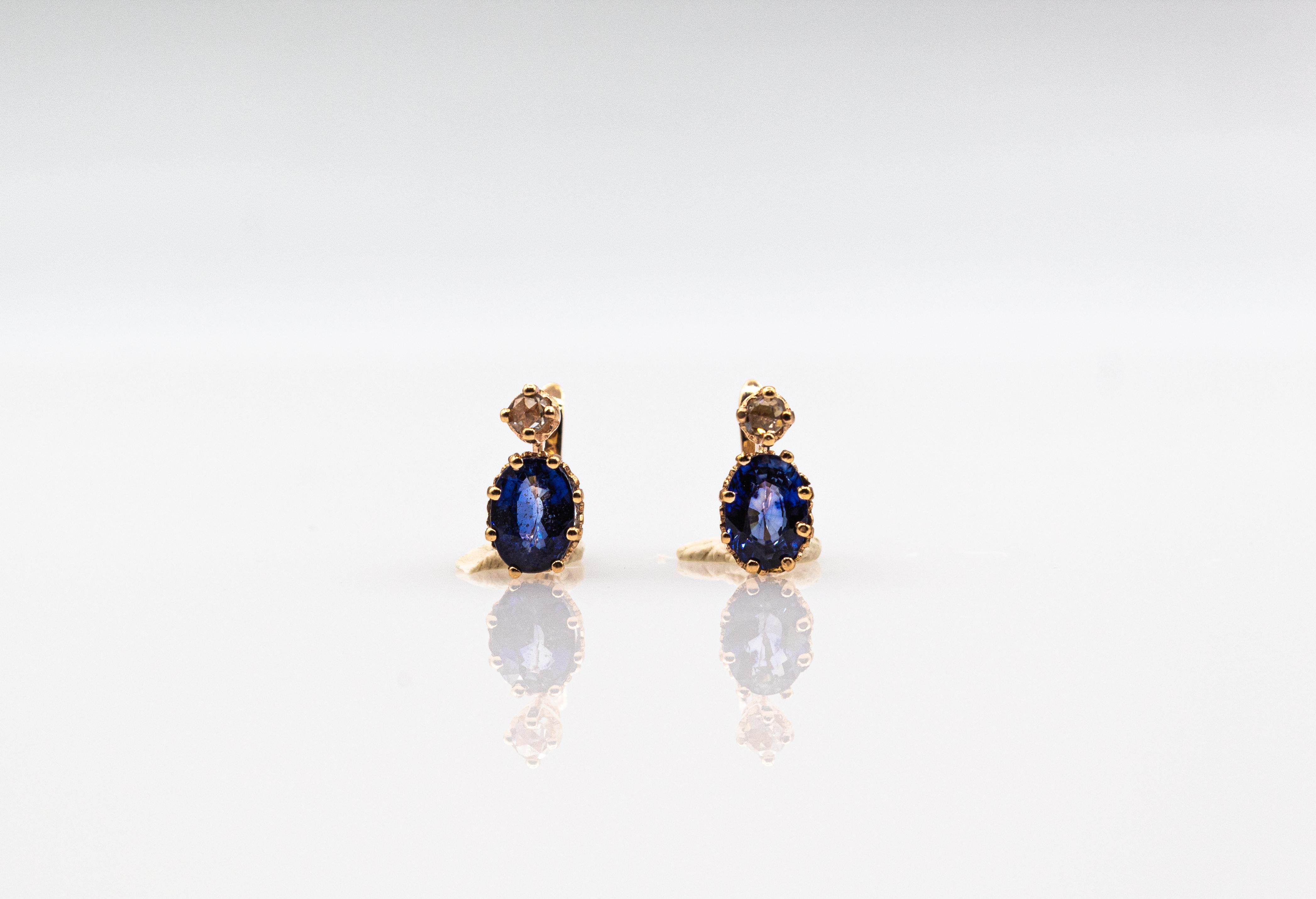 Art Deco Style White Rose Cut Diamond Blue Sapphire Yellow Gold Dangle Earrings For Sale 4