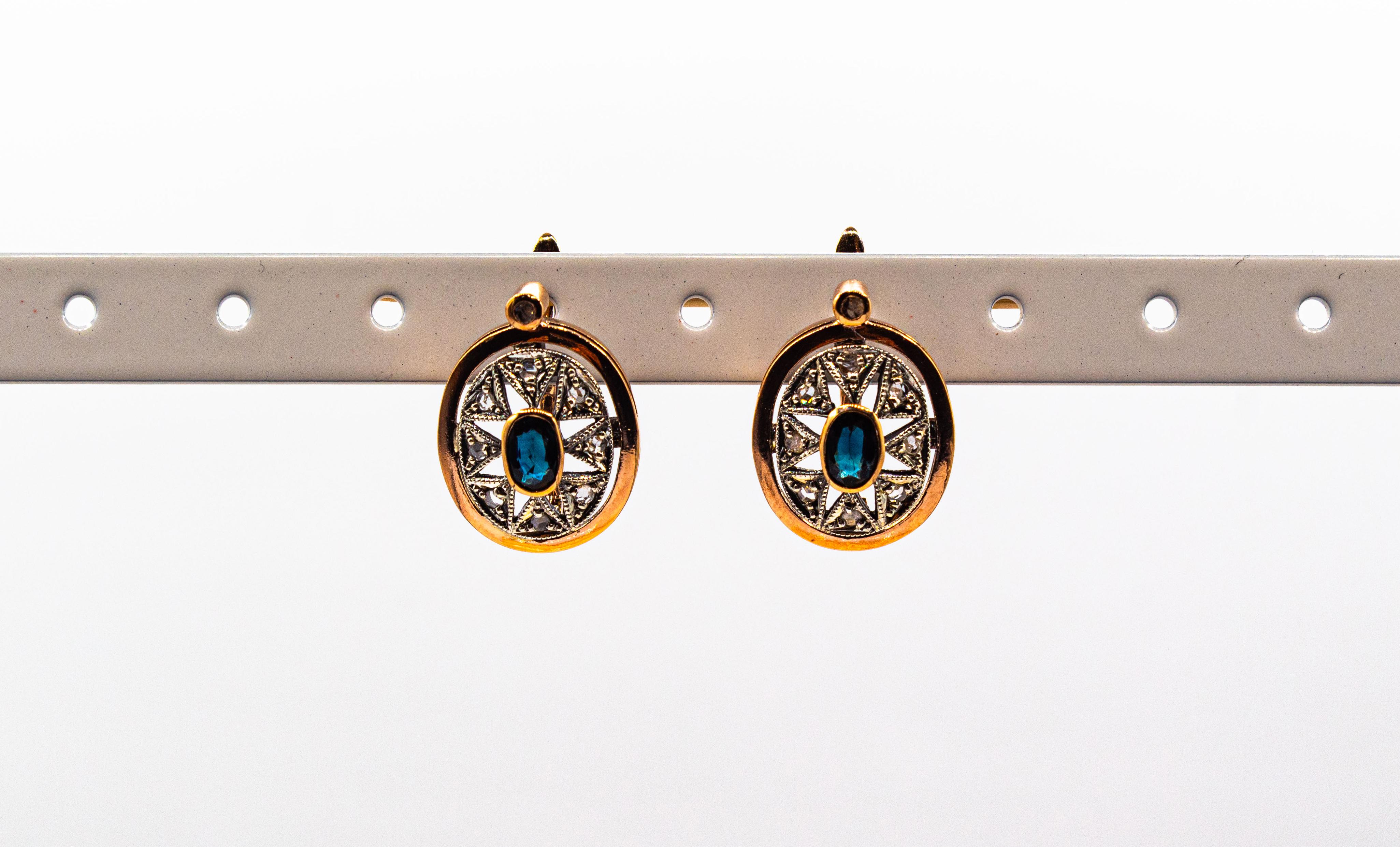 Pendants d'oreilles de style Art déco en or jaune avec diamants blancs et saphirs bleus taille rose en vente 3