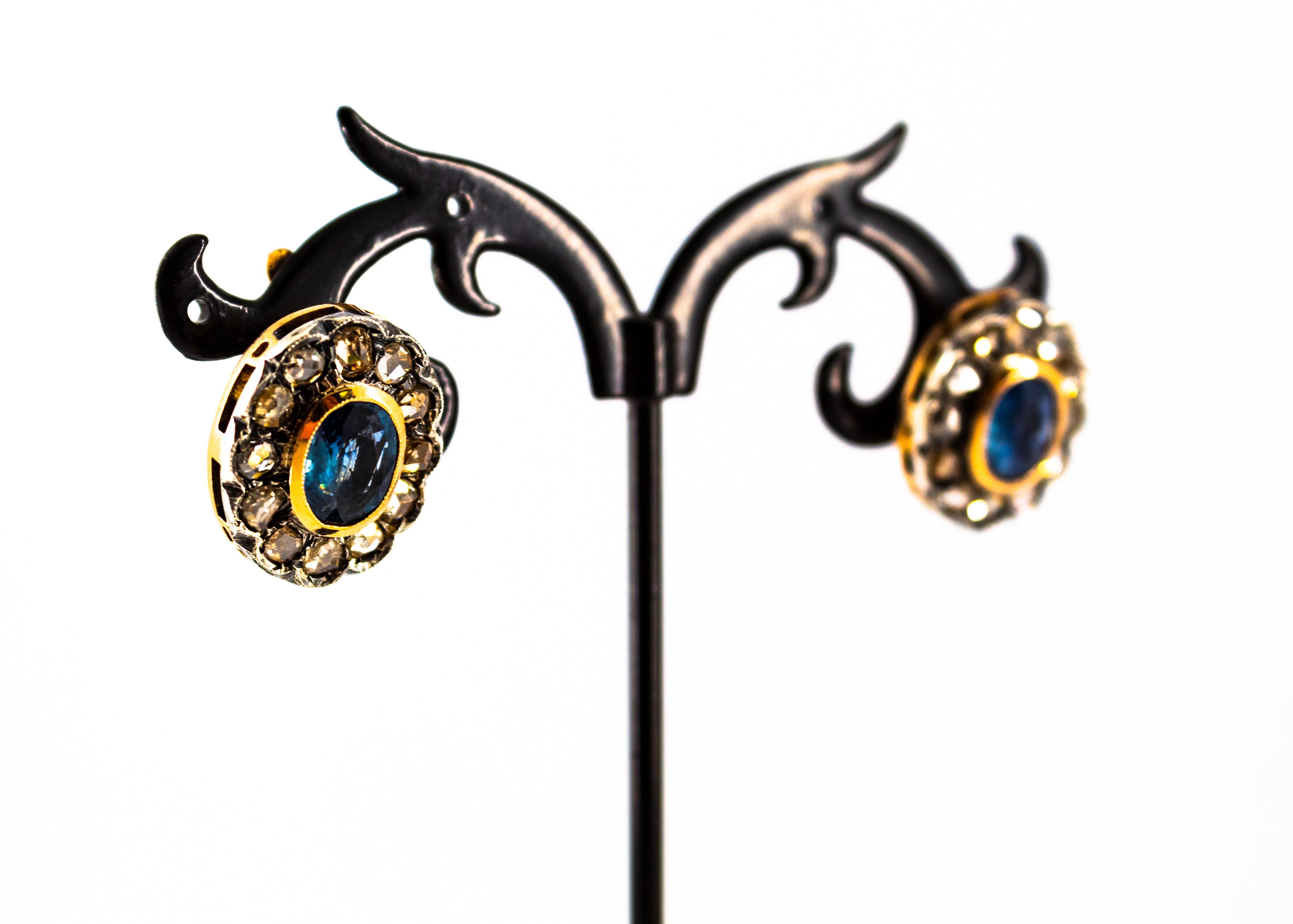 Art Deco Style White Rose Cut Diamond Blue Sapphire Yellow Gold Dangle Earrings For Sale 5