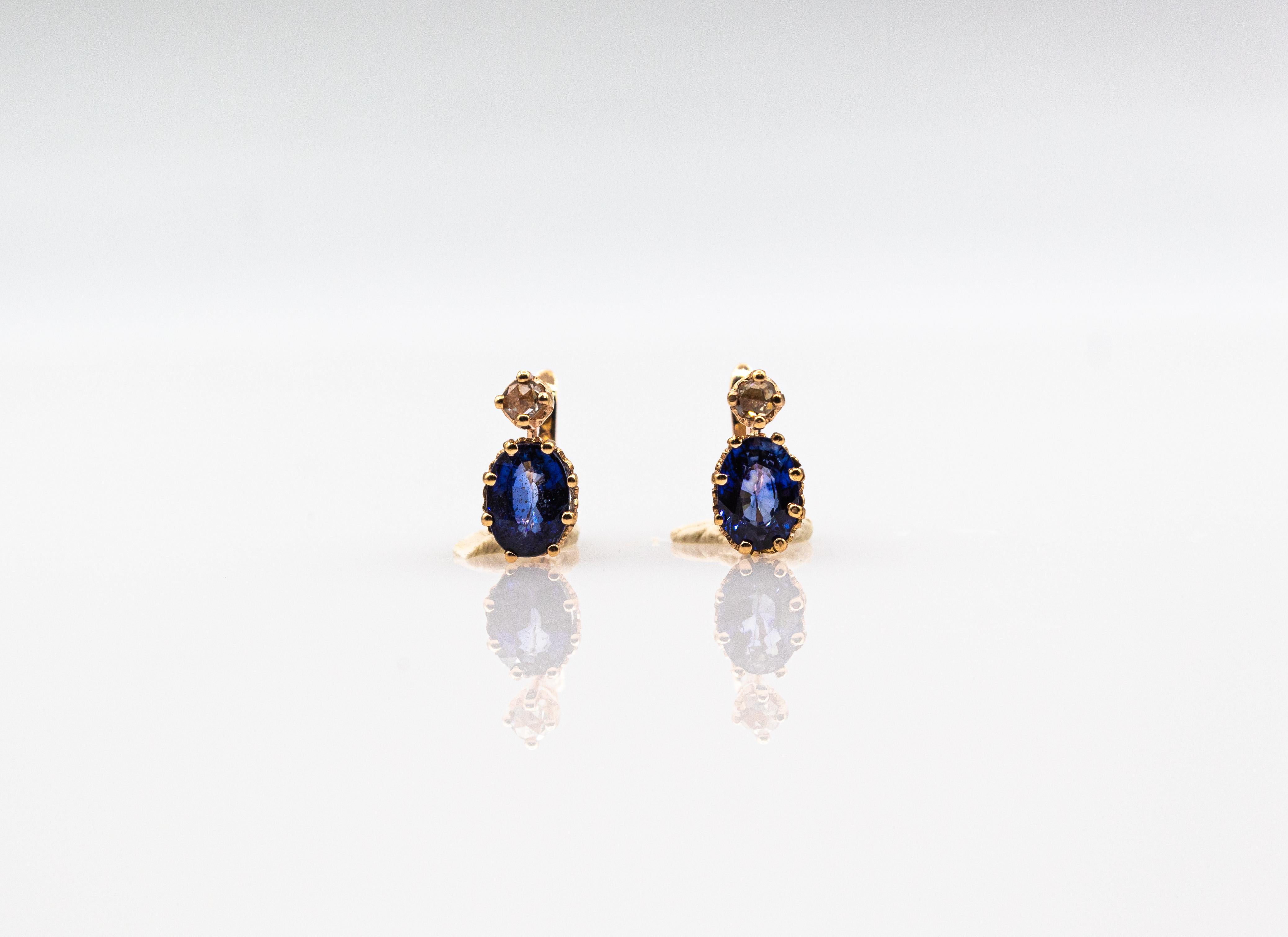 Art Deco Style White Rose Cut Diamond Blue Sapphire Yellow Gold Dangle Earrings For Sale 5