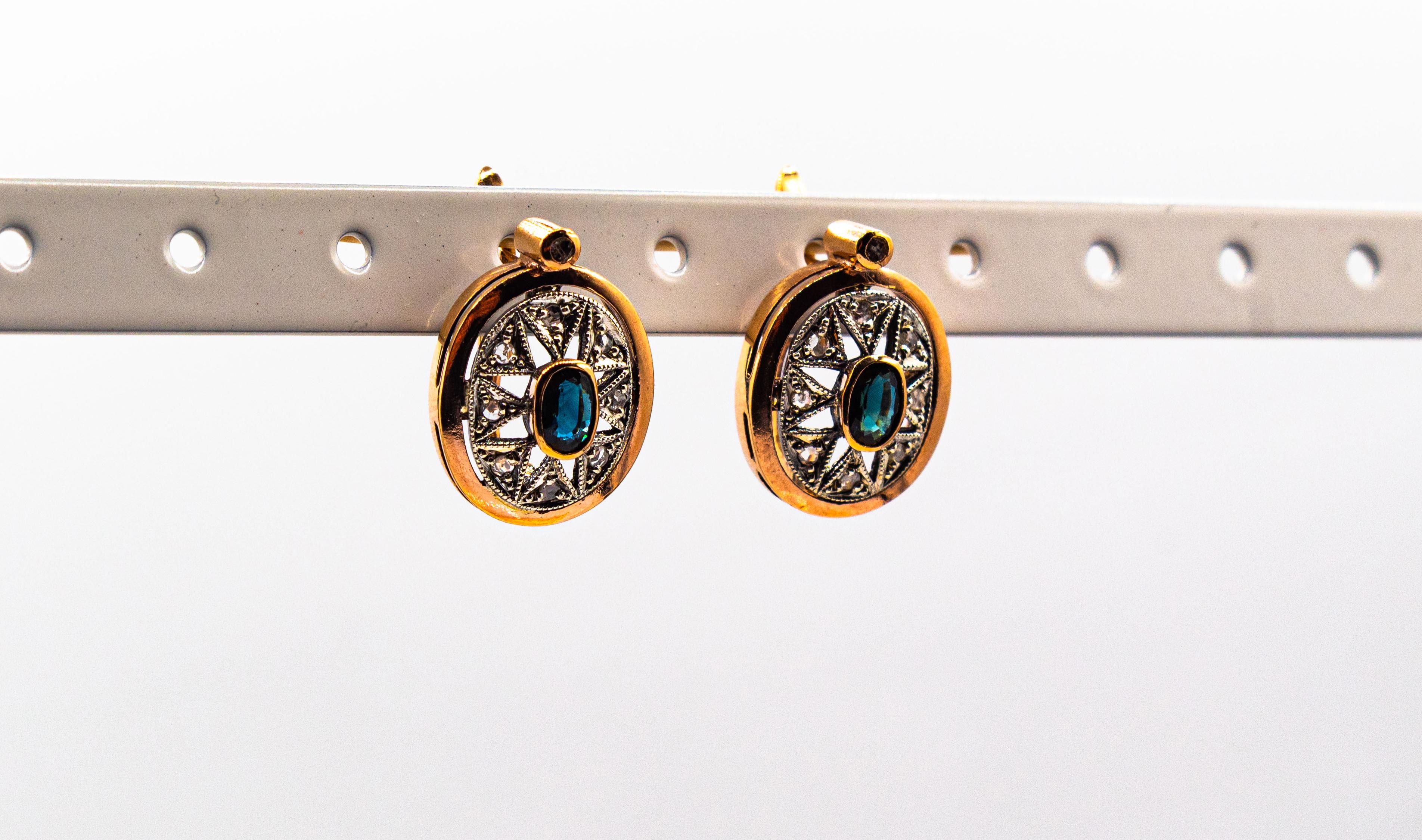 Pendants d'oreilles de style Art déco en or jaune avec diamants blancs et saphirs bleus taille rose en vente 4