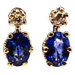 Art Deco Style White Rose Cut Diamond Blue Sapphire Yellow Gold Dangle Earrings
