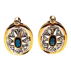 Pendants d'oreilles de style Art déco en or jaune avec diamants blancs et saphirs bleus taille rose