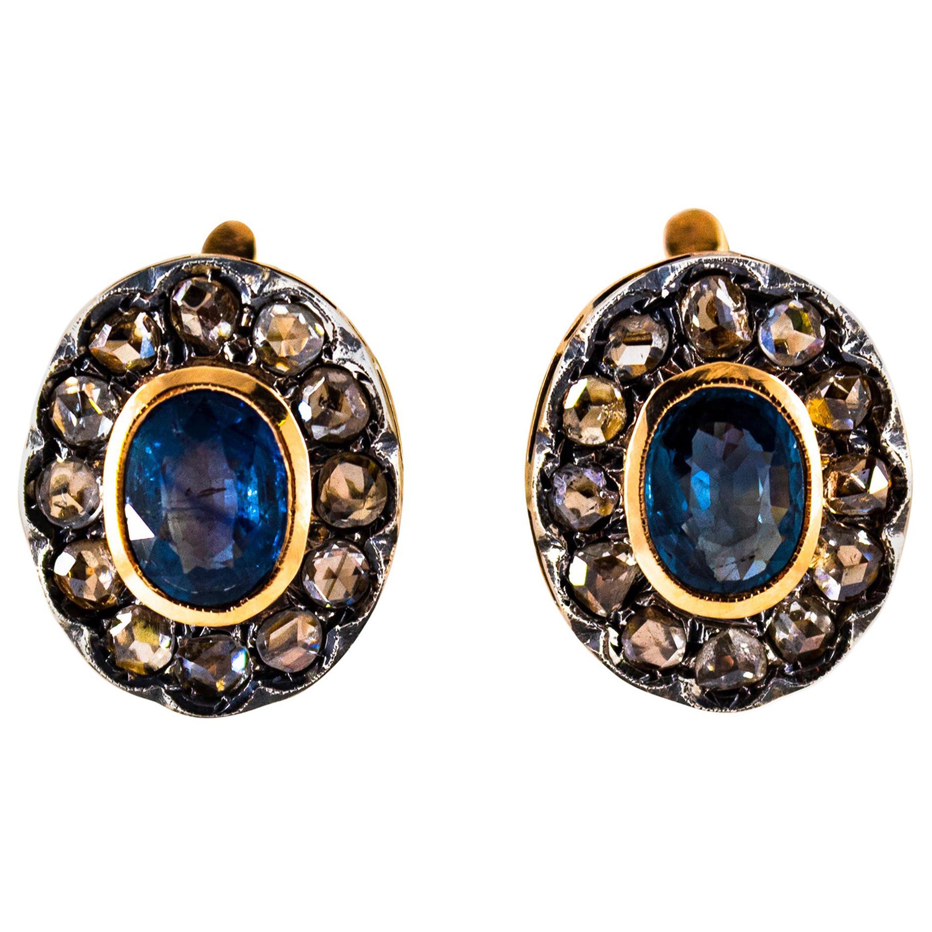 Art Deco Style White Rose Cut Diamond Blue Sapphire Yellow Gold Dangle Earrings For Sale