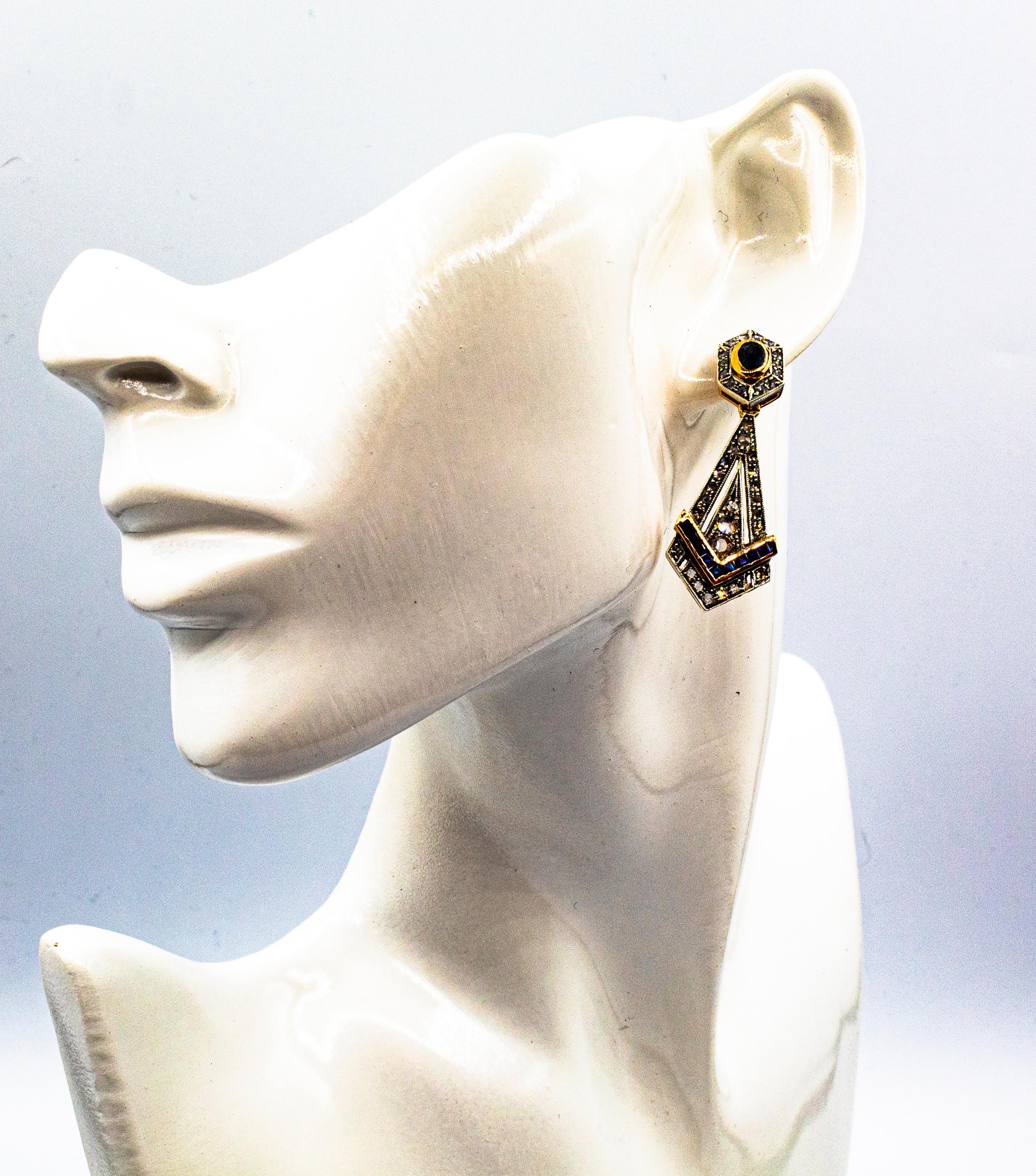 Gelbgold-Tropfen-Ohrringe im Art-déco-Stil mit weißem Diamanten im Rosenschliff und blauem Saphir im Angebot 5