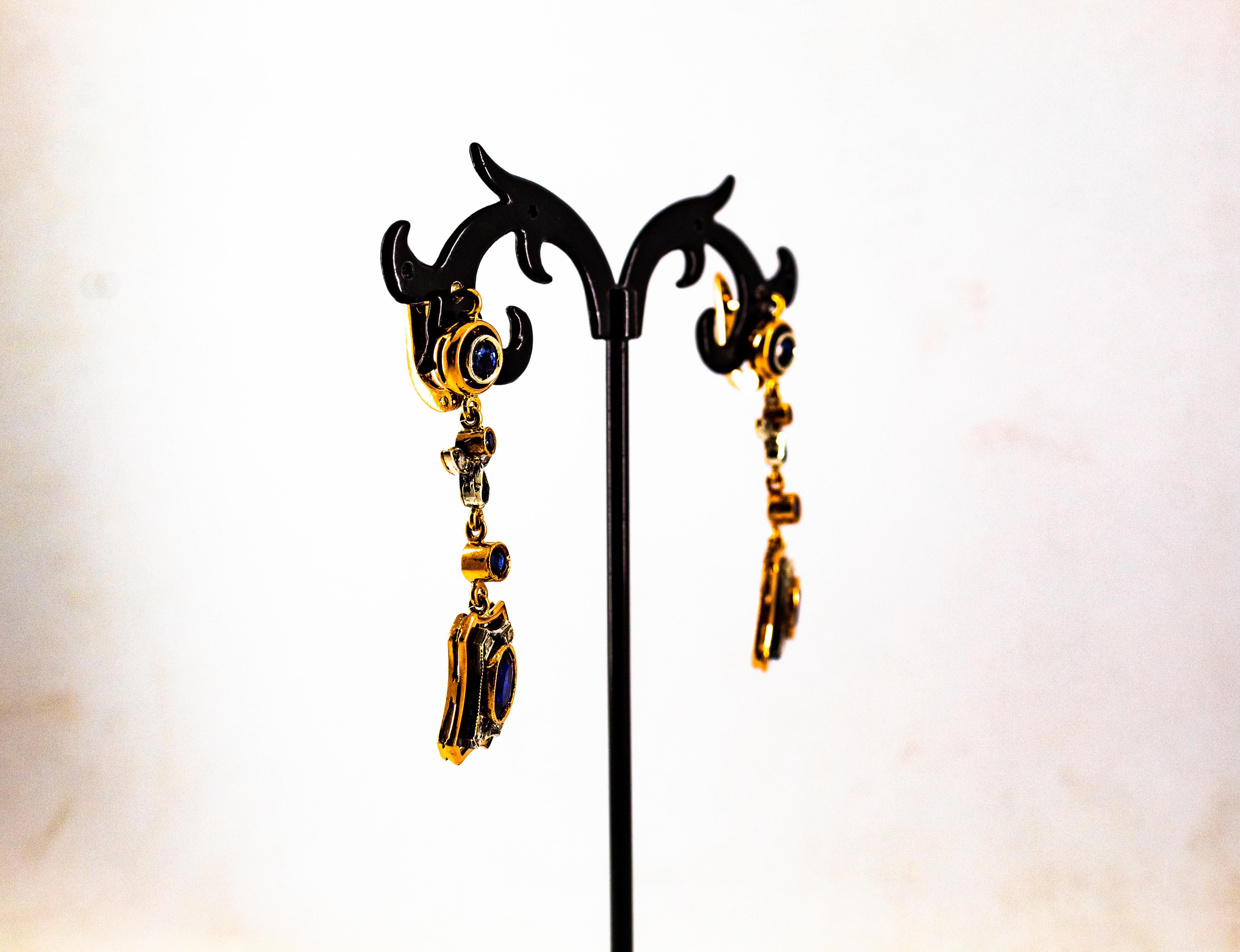 Boucles d'oreilles en goutte de style Art déco en or jaune avec diamants blancs et saphirs bleus taille rose en vente 6