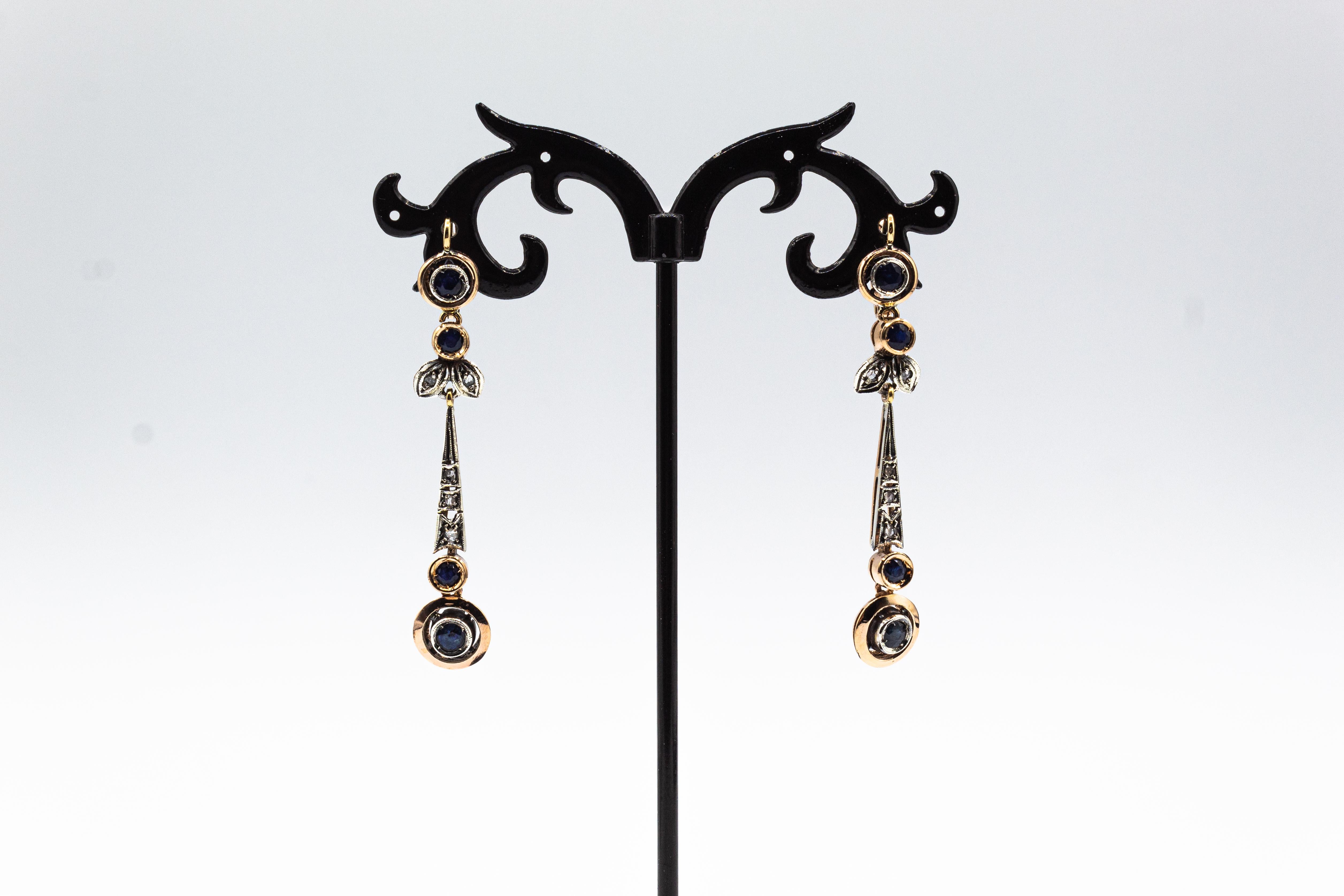 Art Deco Style White Rose Cut Diamond Blue Sapphire Yellow Gold Drop Earrings For Sale 7