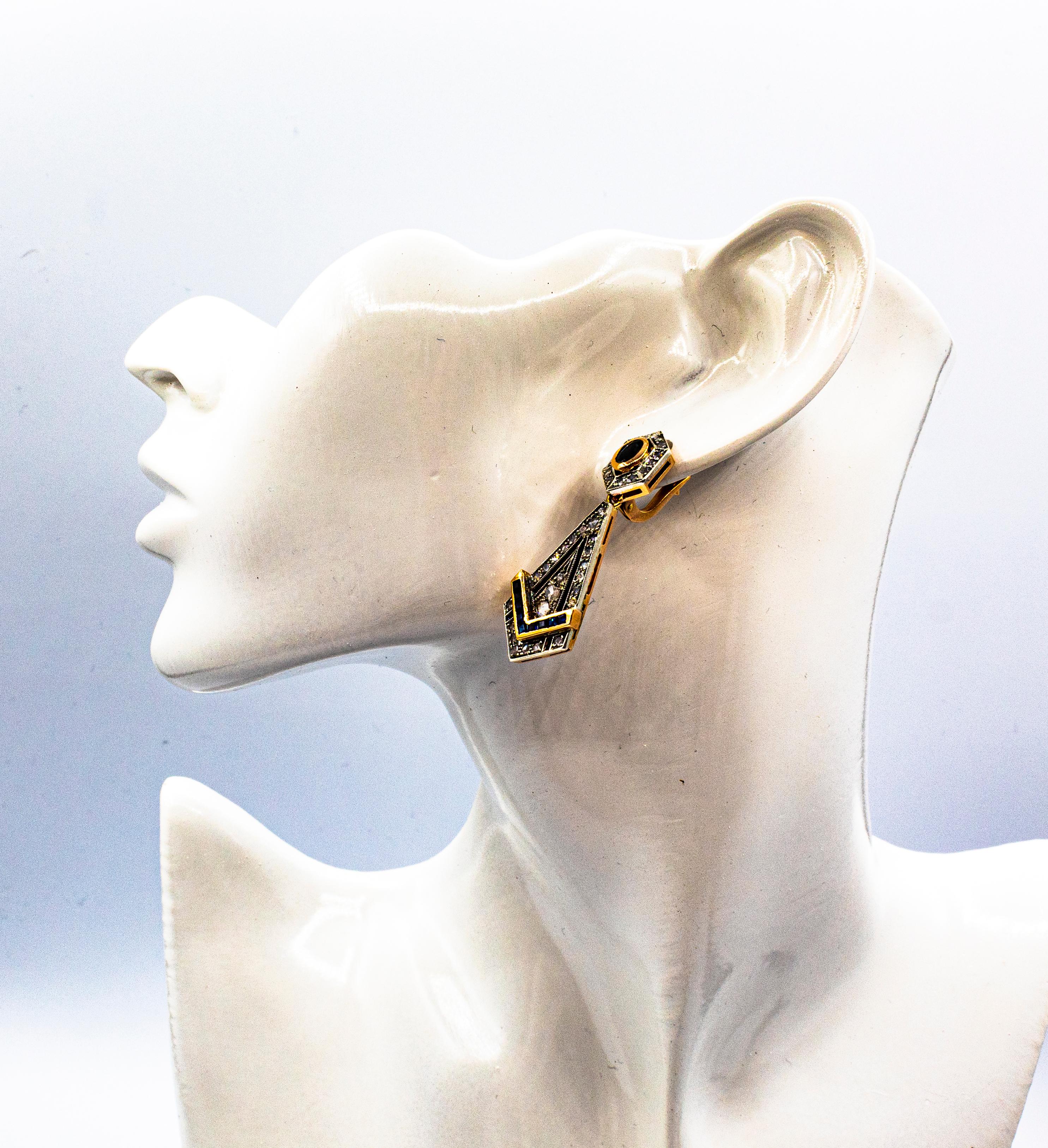 Boucles d'oreilles en goutte de style Art déco en or jaune avec diamants blancs et saphirs bleus taille rose en vente 6