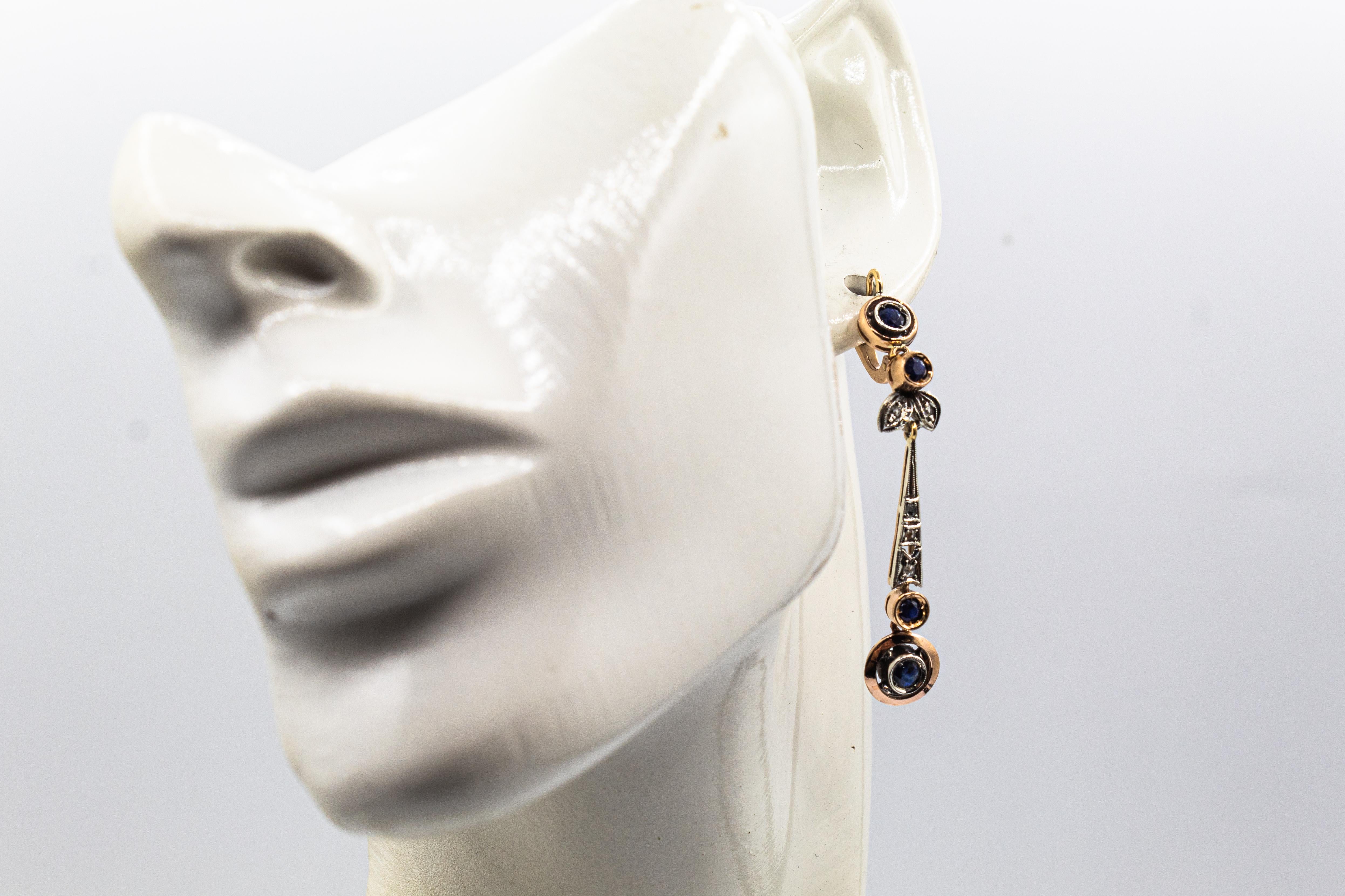 Boucles d'oreilles en goutte de style Art déco en or jaune avec diamants blancs et saphirs bleus taille rose en vente 7