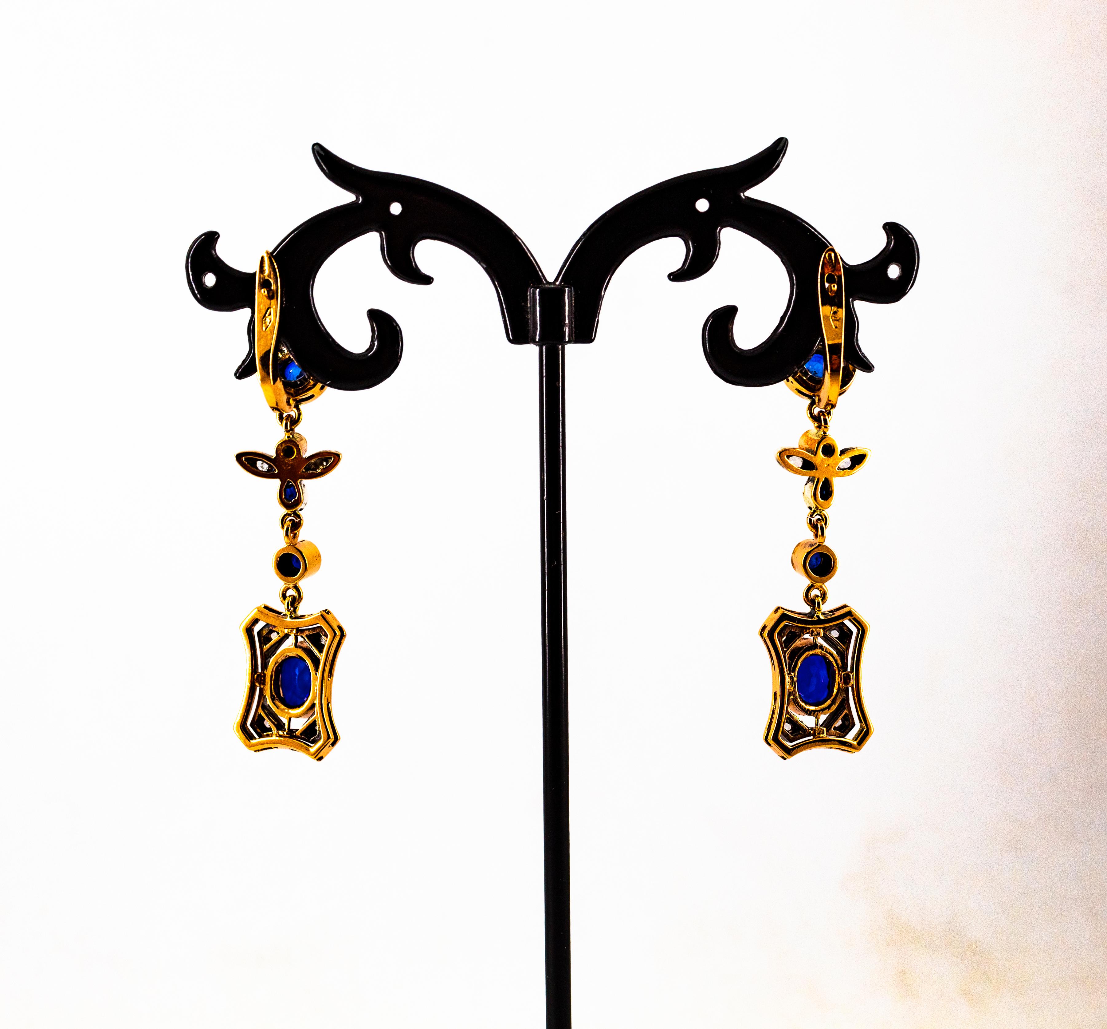 Pendientes de oro amarillo estilo art déco con diamante blanco talla rosa y zafiro azul en venta 6