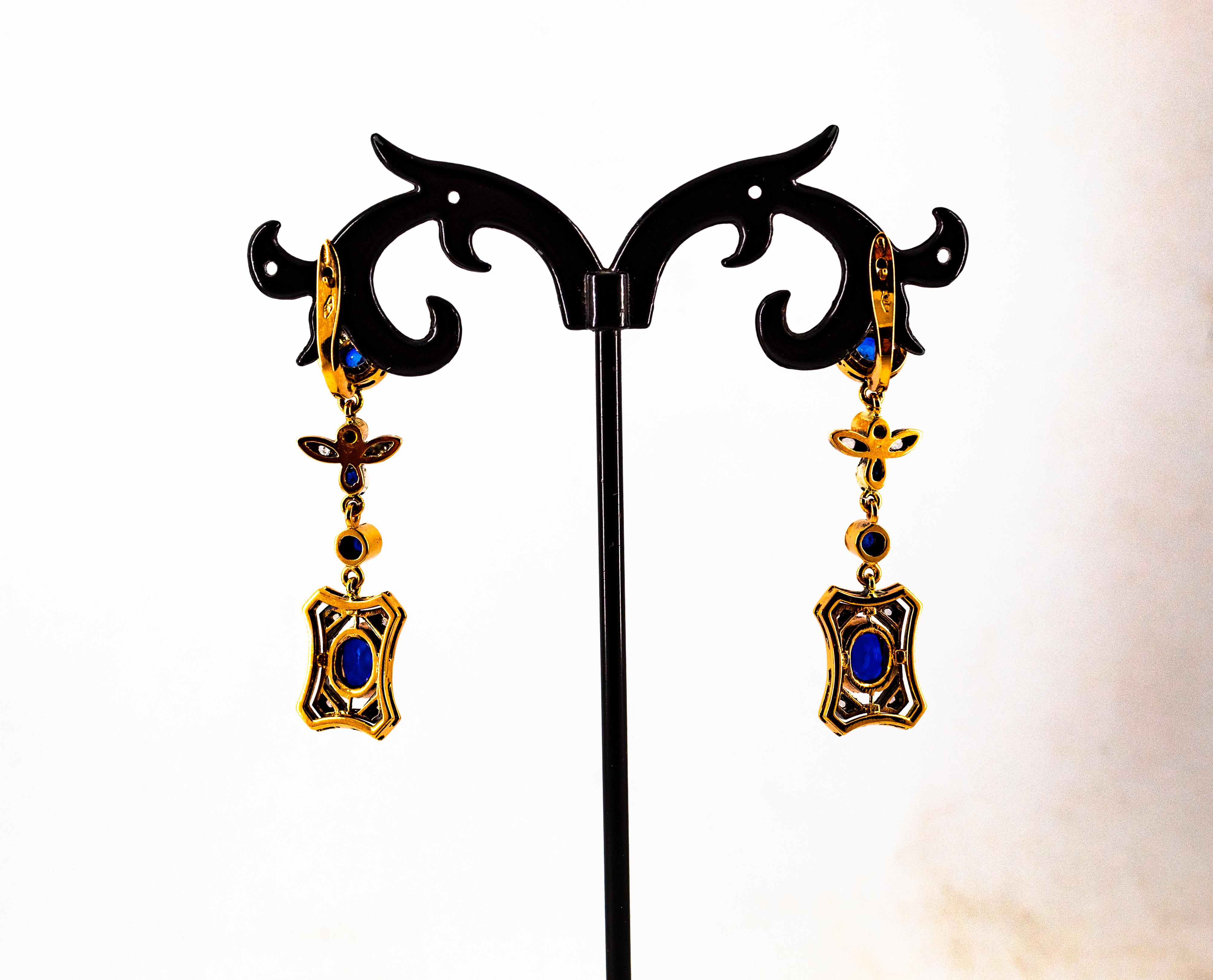 Boucles d'oreilles en goutte de style Art déco en or jaune avec diamants blancs et saphirs bleus taille rose en vente 8