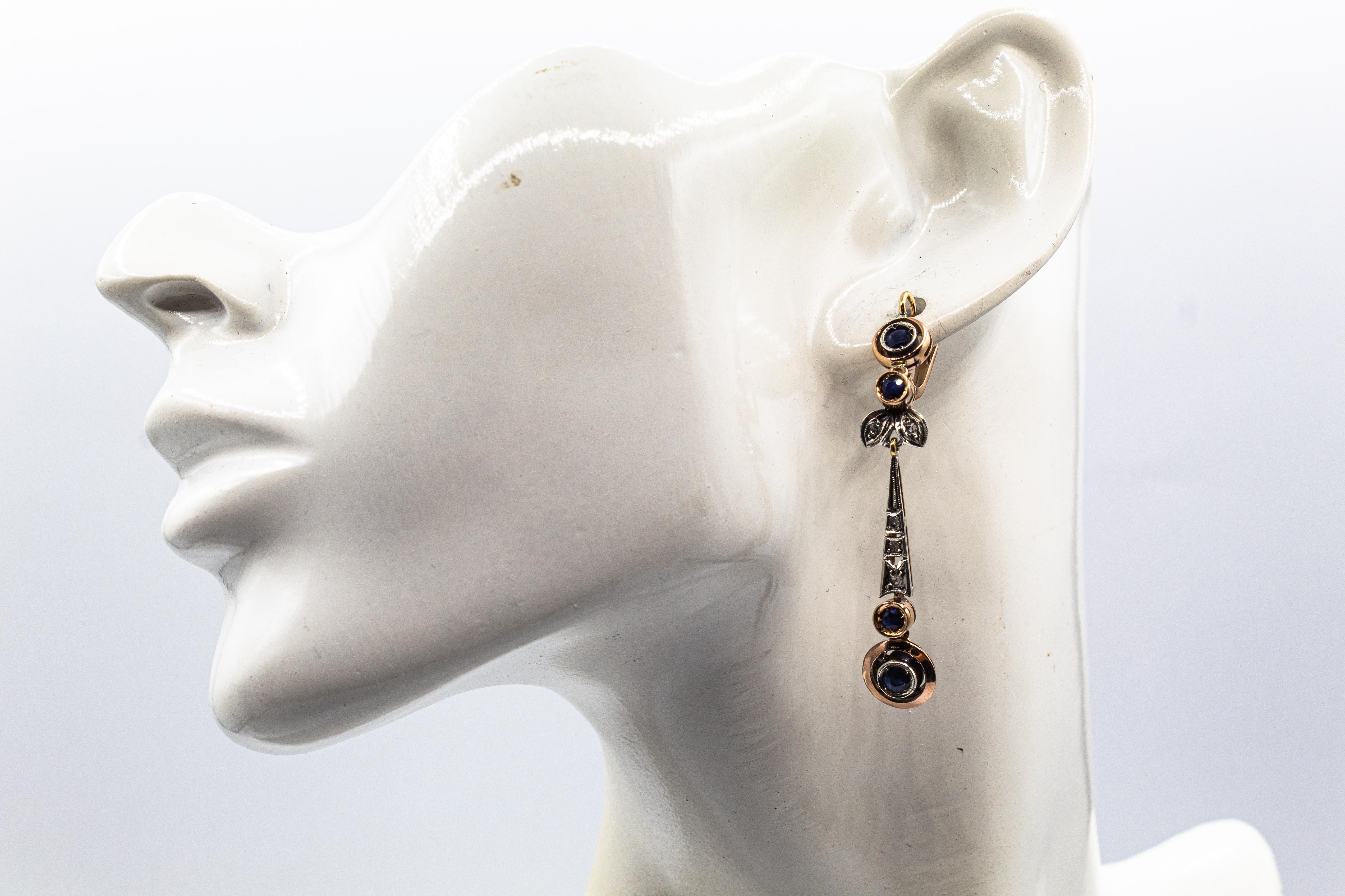 Gelbgold-Tropfen-Ohrringe im Art-déco-Stil mit weißem Diamanten im Rosenschliff und blauem Saphir im Angebot 8