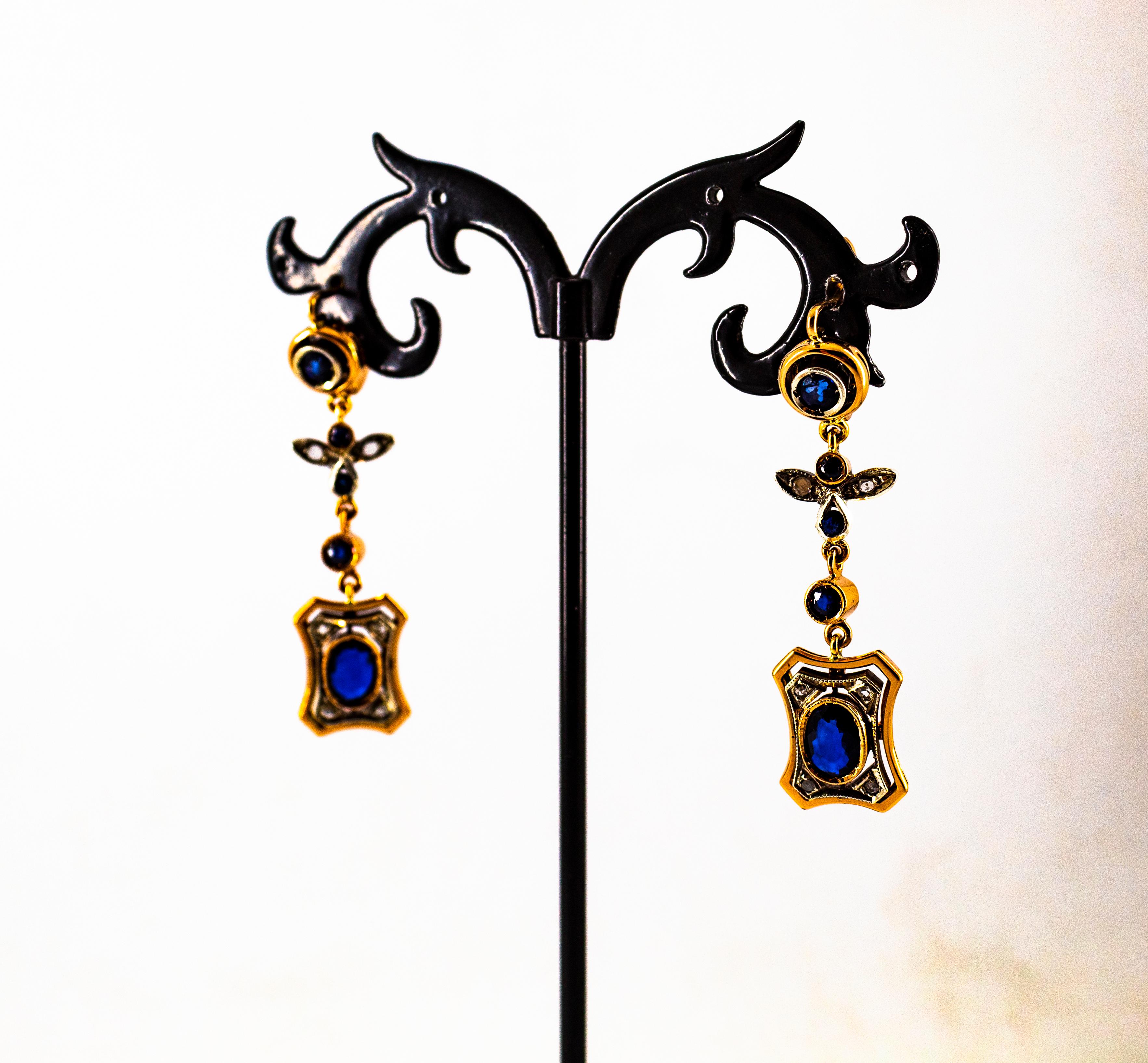 Pendientes de oro amarillo estilo art déco con diamante blanco talla rosa y zafiro azul en venta 8