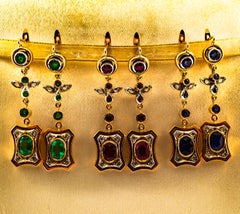 Art Deco Style White Rose Cut Diamond Blue Sapphire Yellow Gold Drop Earrings
