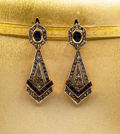 Art Deco Style White Rose Cut Diamond Blue Sapphire Yellow Gold Drop Earrings