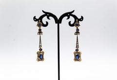 Art Deco Style White Rose Cut Diamond Blue Sapphire Yellow Gold Drop Earrings
