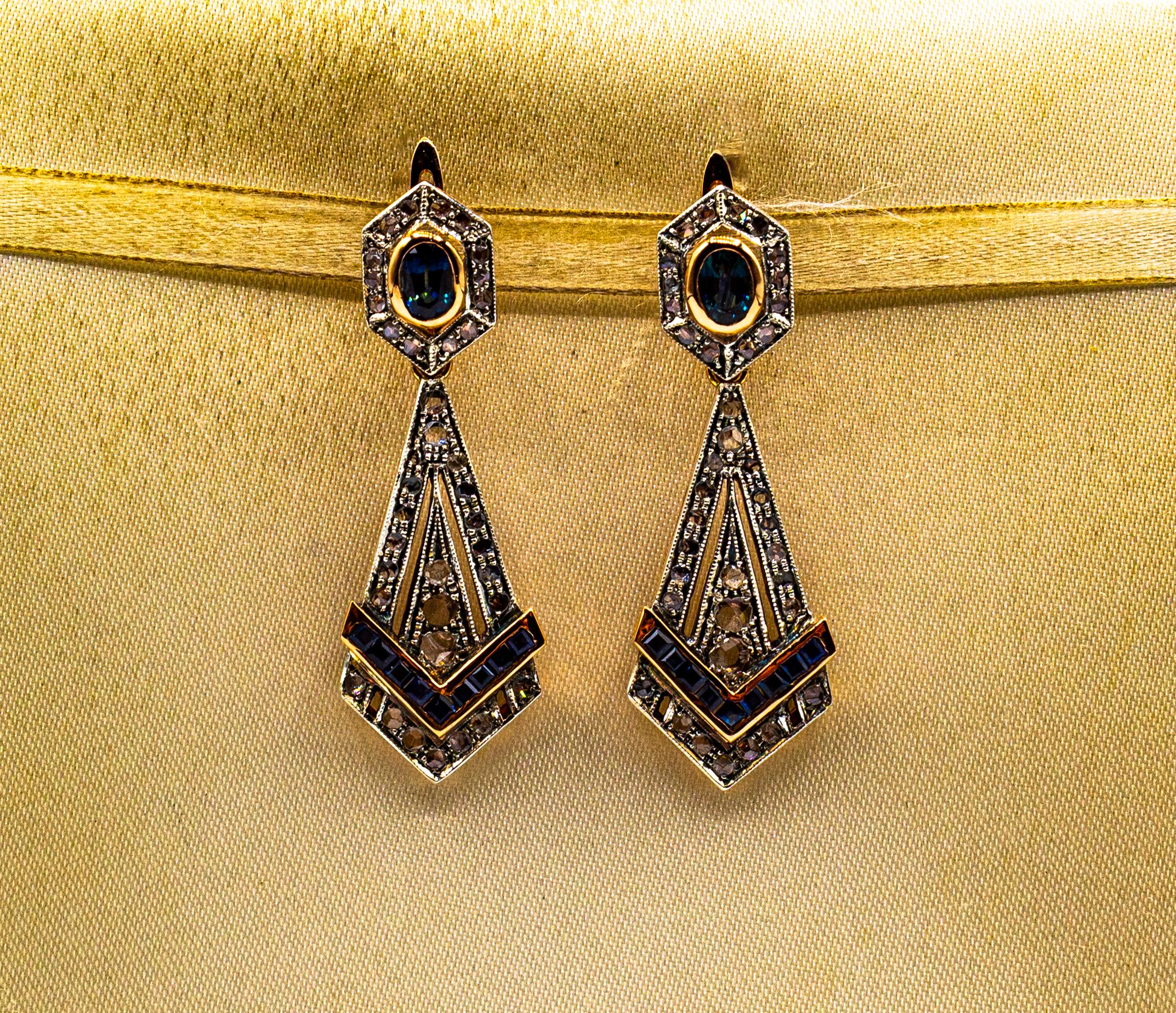 Art Deco Style White Rose Cut Diamond Blue Sapphire Yellow Gold Drop Earrings In New Condition For Sale In Naples, IT