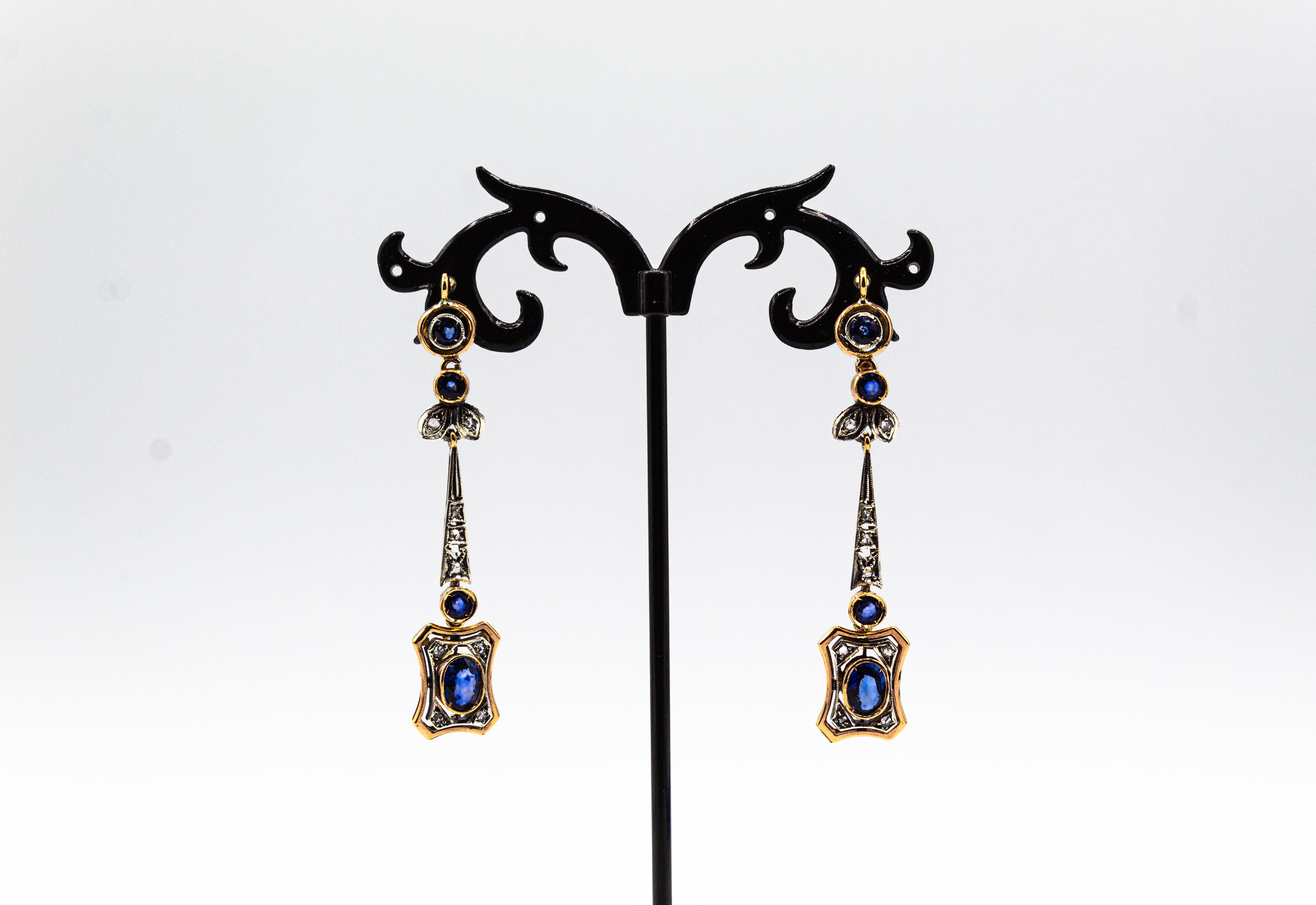 Art Deco Style White Rose Cut Diamond Blue Sapphire Yellow Gold Drop Earrings In New Condition In Naples, IT