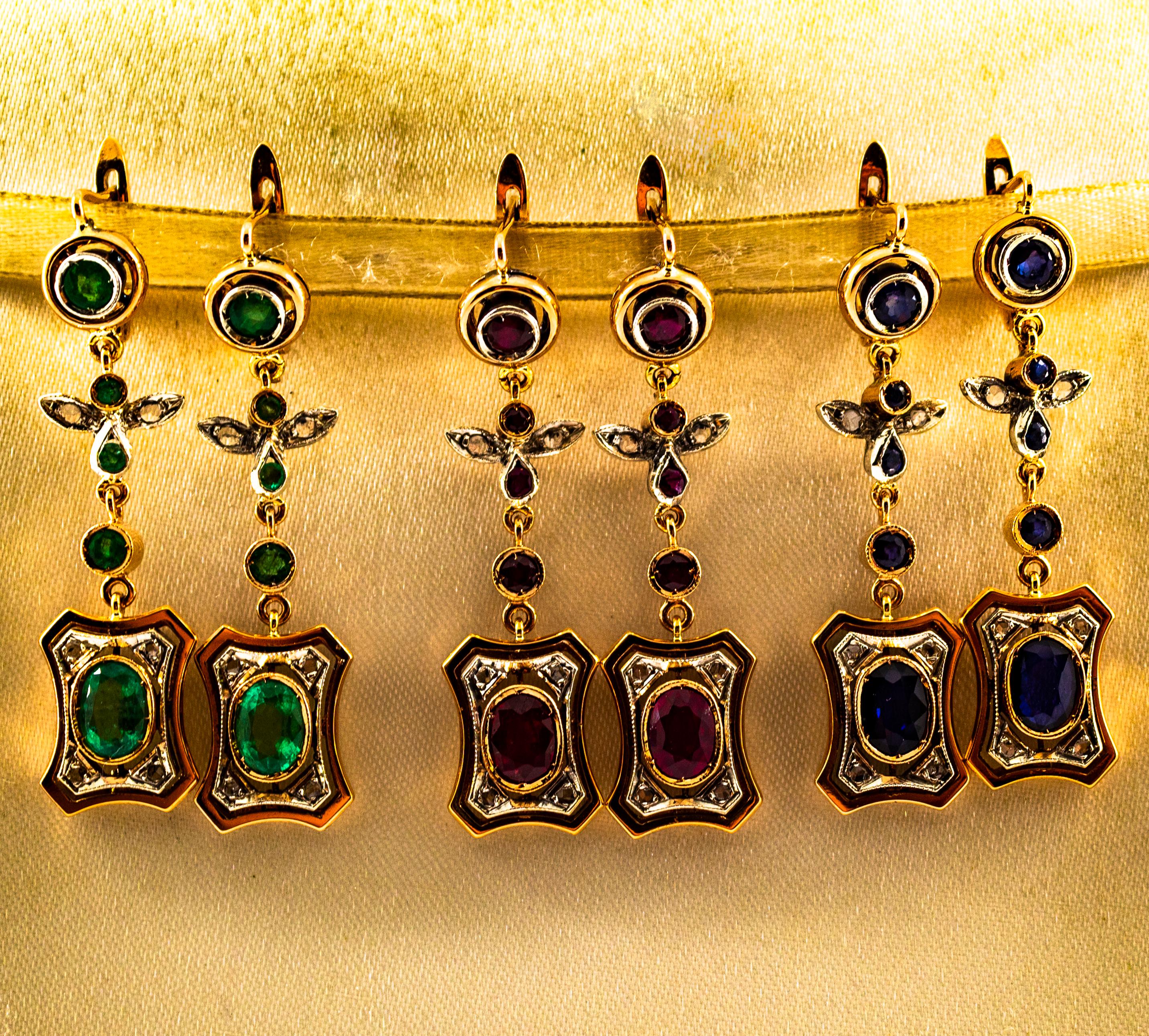 Pendientes de oro amarillo estilo art déco con diamante blanco talla rosa y zafiro azul Art Decó en venta