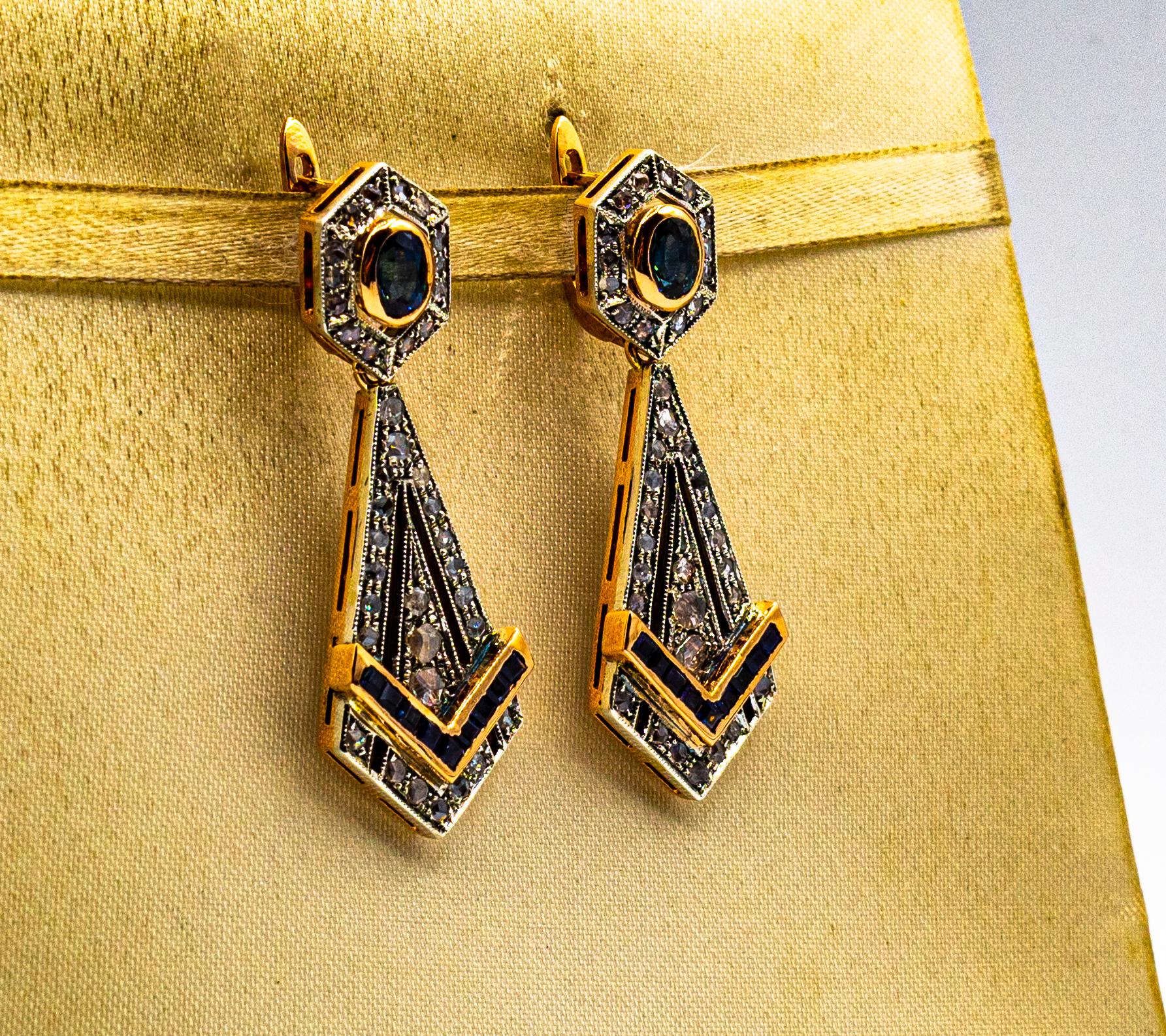 Boucles d'oreilles en goutte de style Art déco en or jaune avec diamants blancs et saphirs bleus taille rose Neuf - En vente à Naples, IT