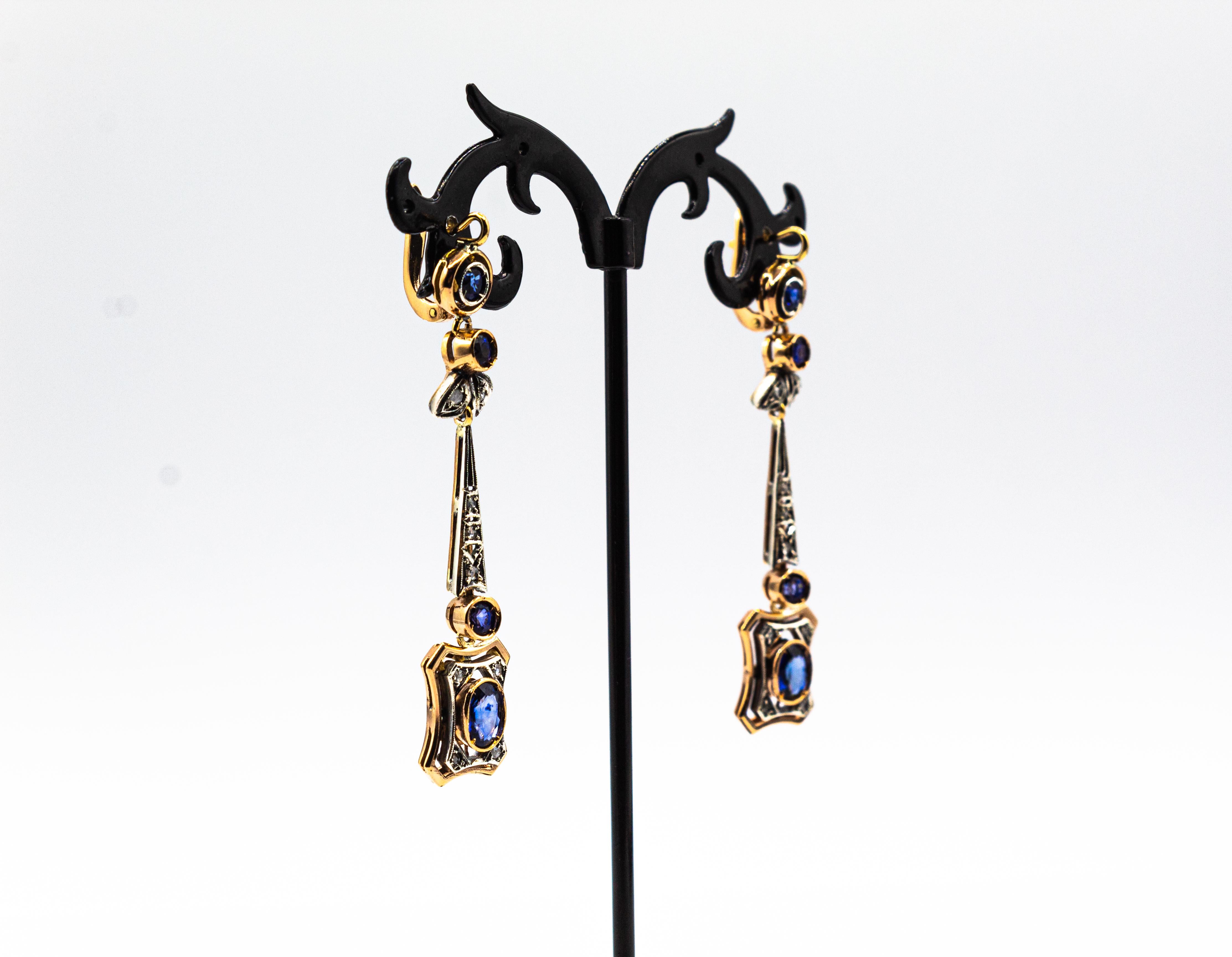 Boucles d'oreilles en goutte de style Art déco en or jaune avec diamants blancs et saphirs bleus taille rose Neuf - En vente à Naples, IT
