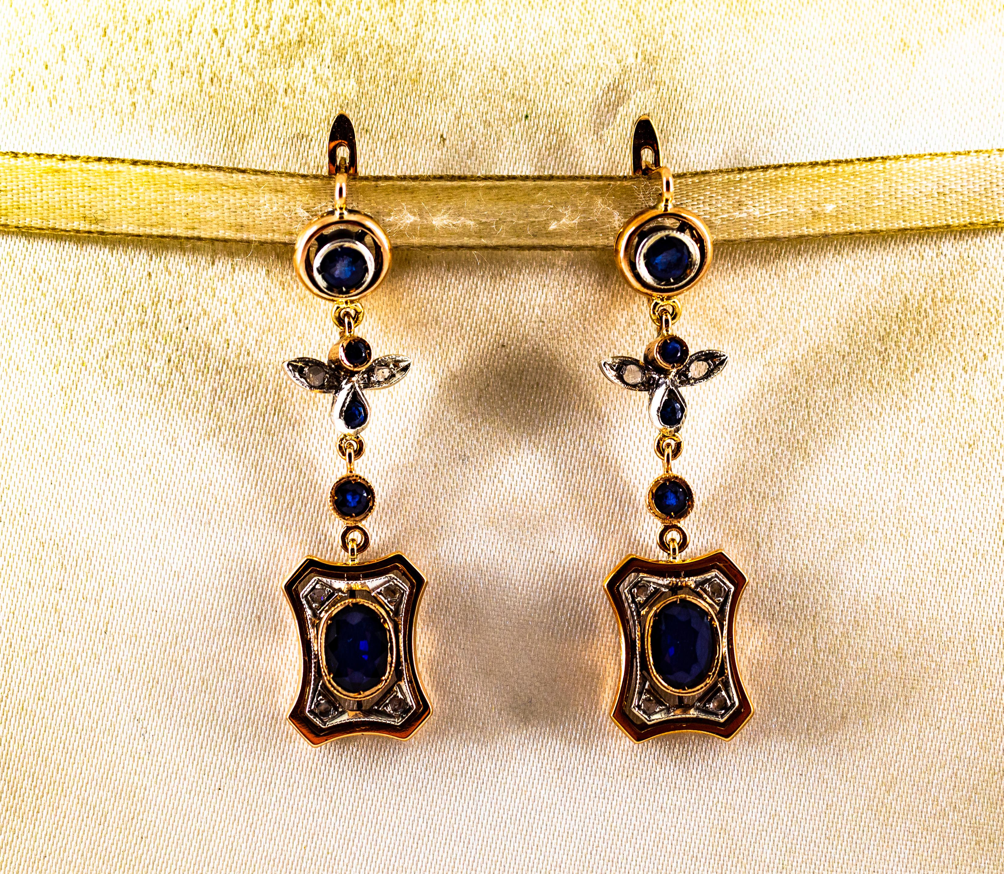 Pendientes de oro amarillo estilo art déco con diamante blanco talla rosa y zafiro azul Corte rosa en venta