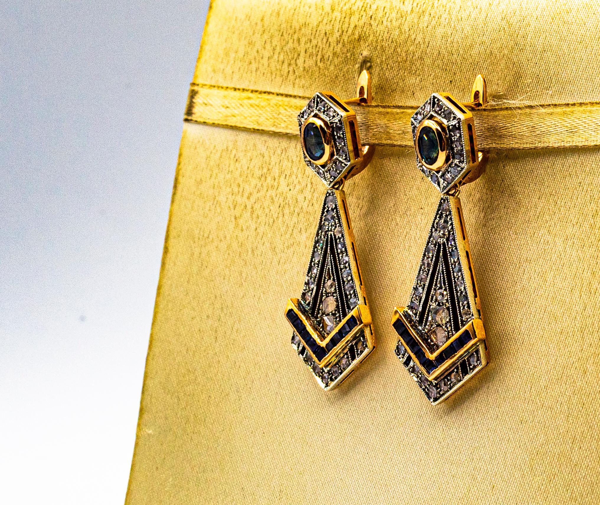 Art Deco Style White Rose Cut Diamond Blue Sapphire Yellow Gold Drop Earrings For Sale 1