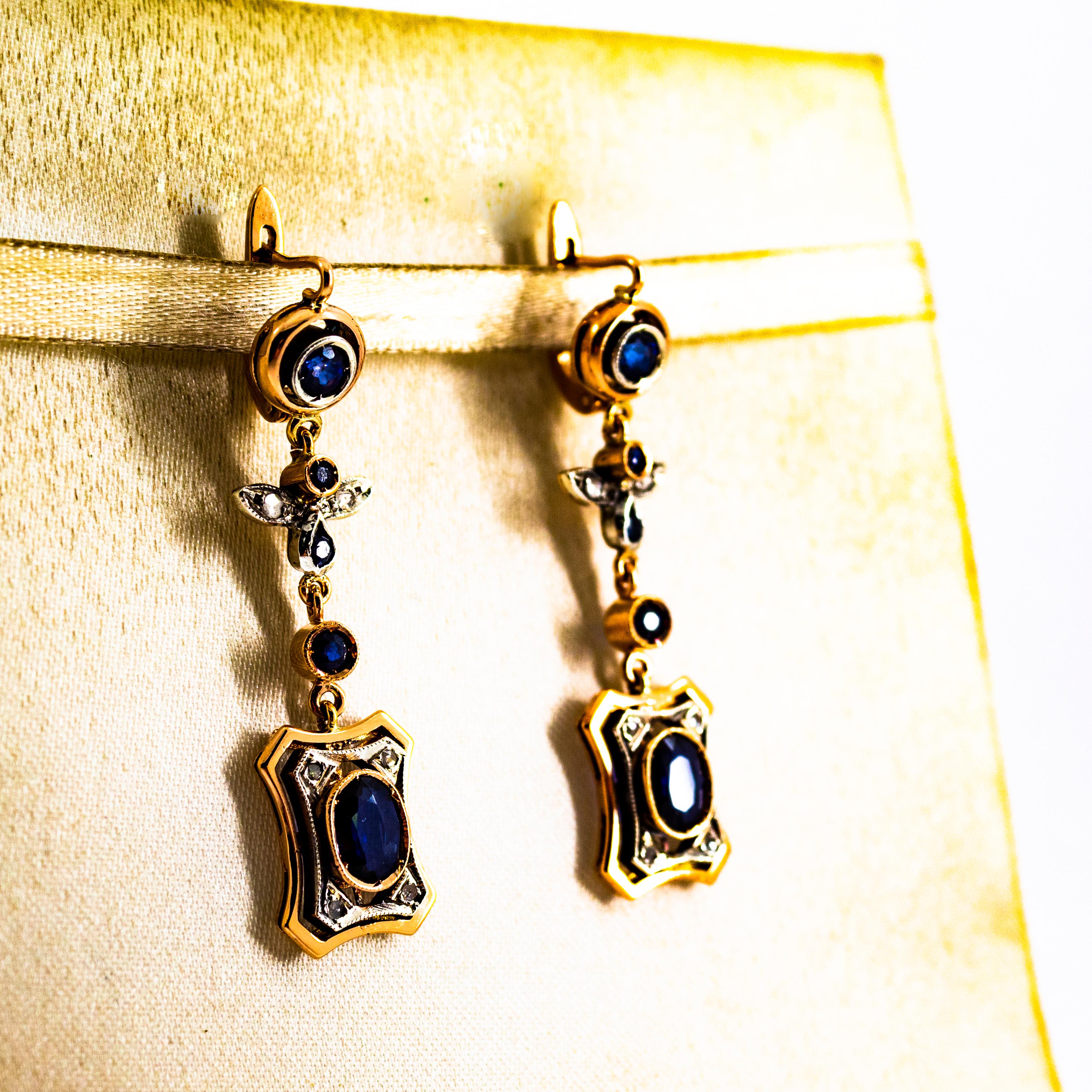 Boucles d'oreilles en goutte de style Art déco en or jaune avec diamants blancs et saphirs bleus taille rose en vente 1