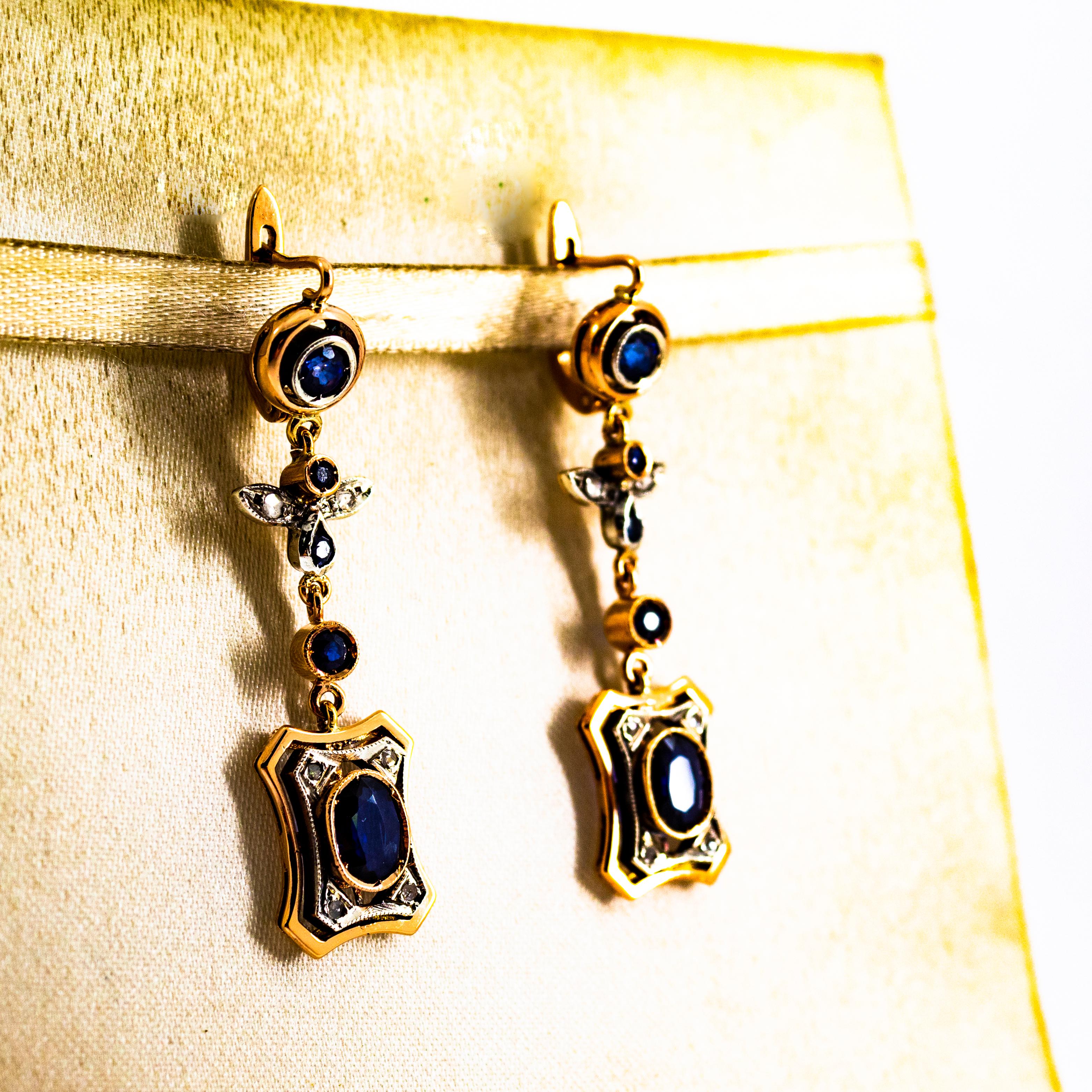 Art Deco Style White Rose Cut Diamond Blue Sapphire Yellow Gold Drop Earrings For Sale 2