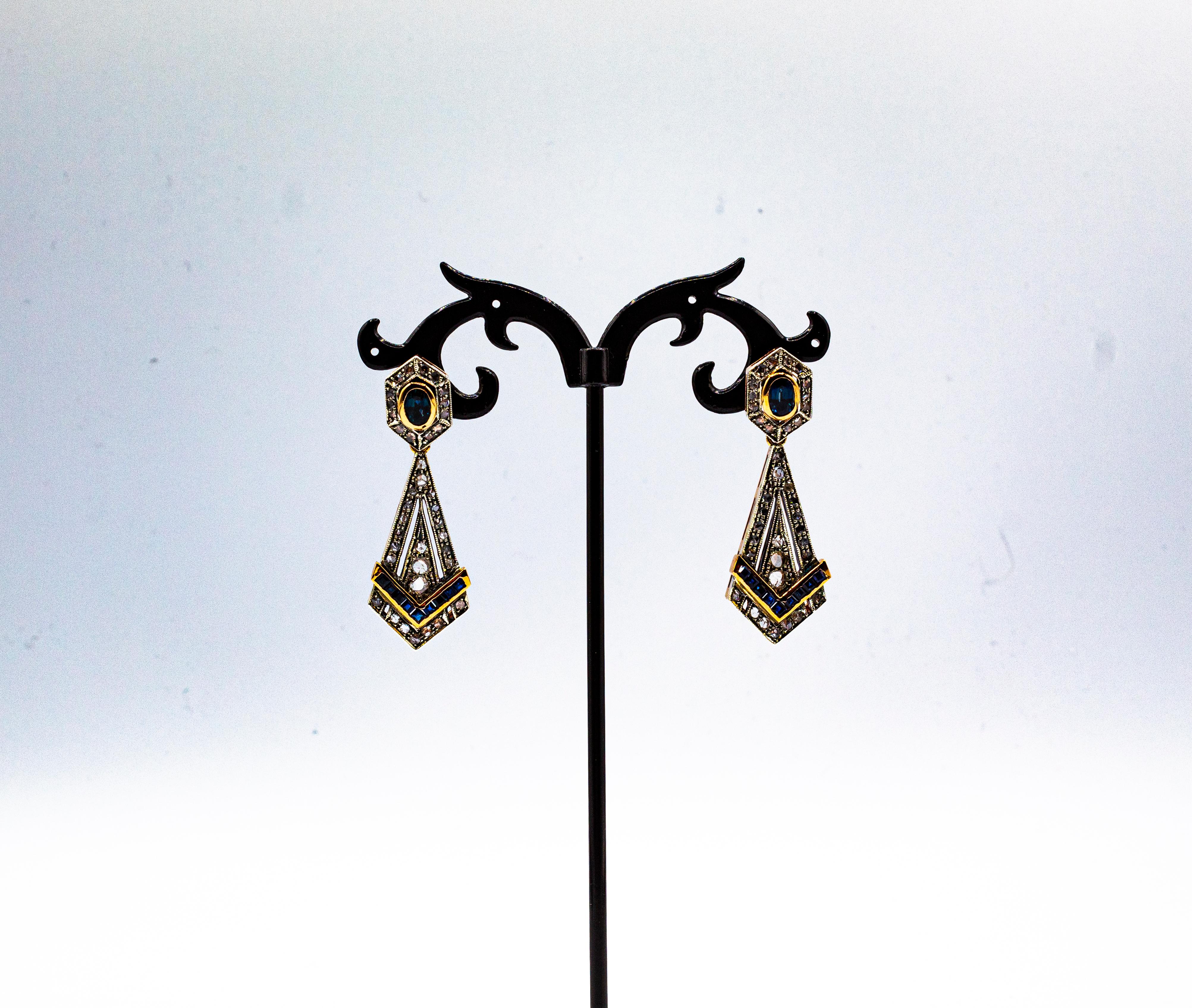 Boucles d'oreilles en goutte de style Art déco en or jaune avec diamants blancs et saphirs bleus taille rose en vente 1