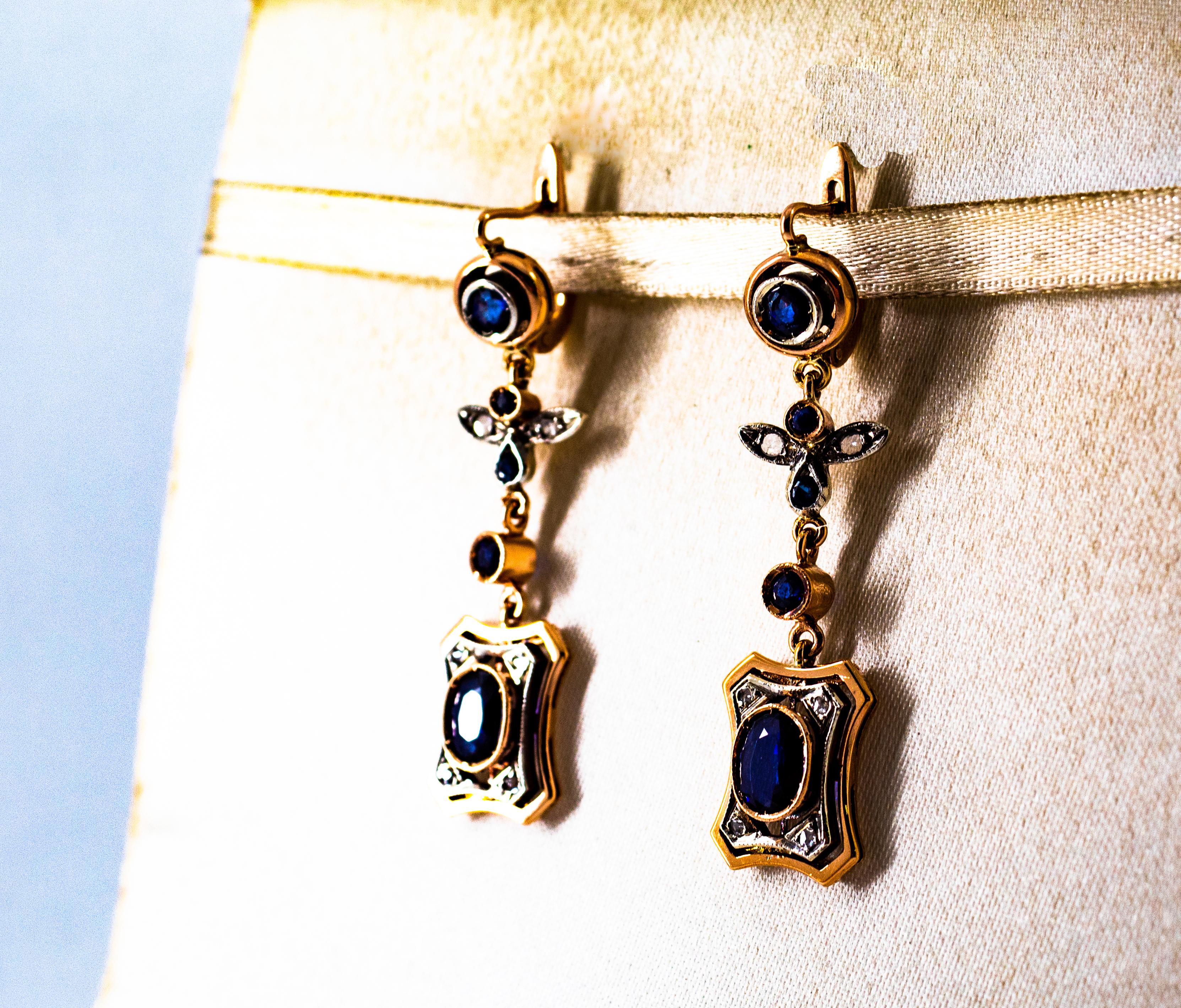 Art Deco Style White Rose Cut Diamond Blue Sapphire Yellow Gold Drop Earrings For Sale 3