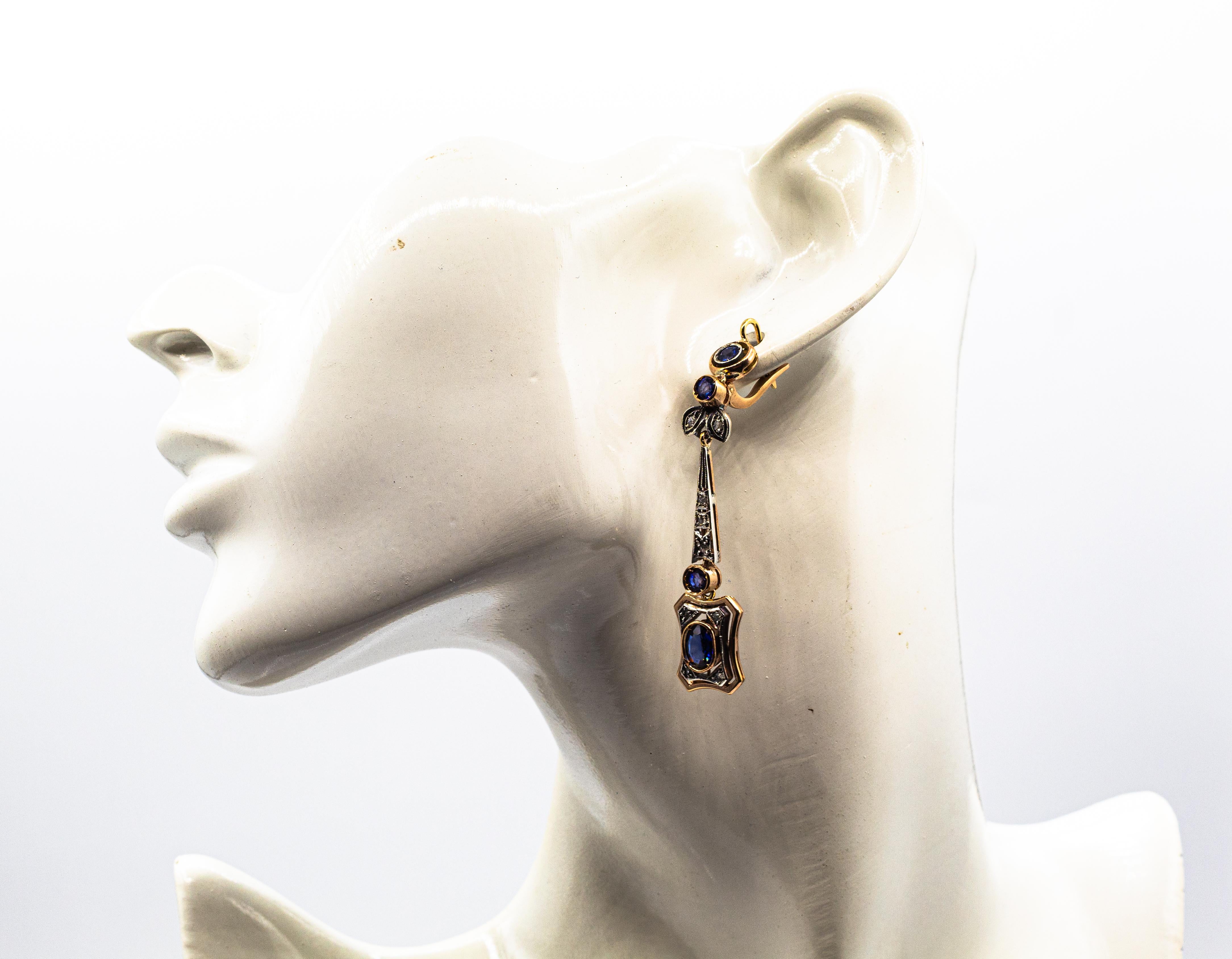 Boucles d'oreilles en goutte de style Art déco en or jaune avec diamants blancs et saphirs bleus taille rose en vente 3
