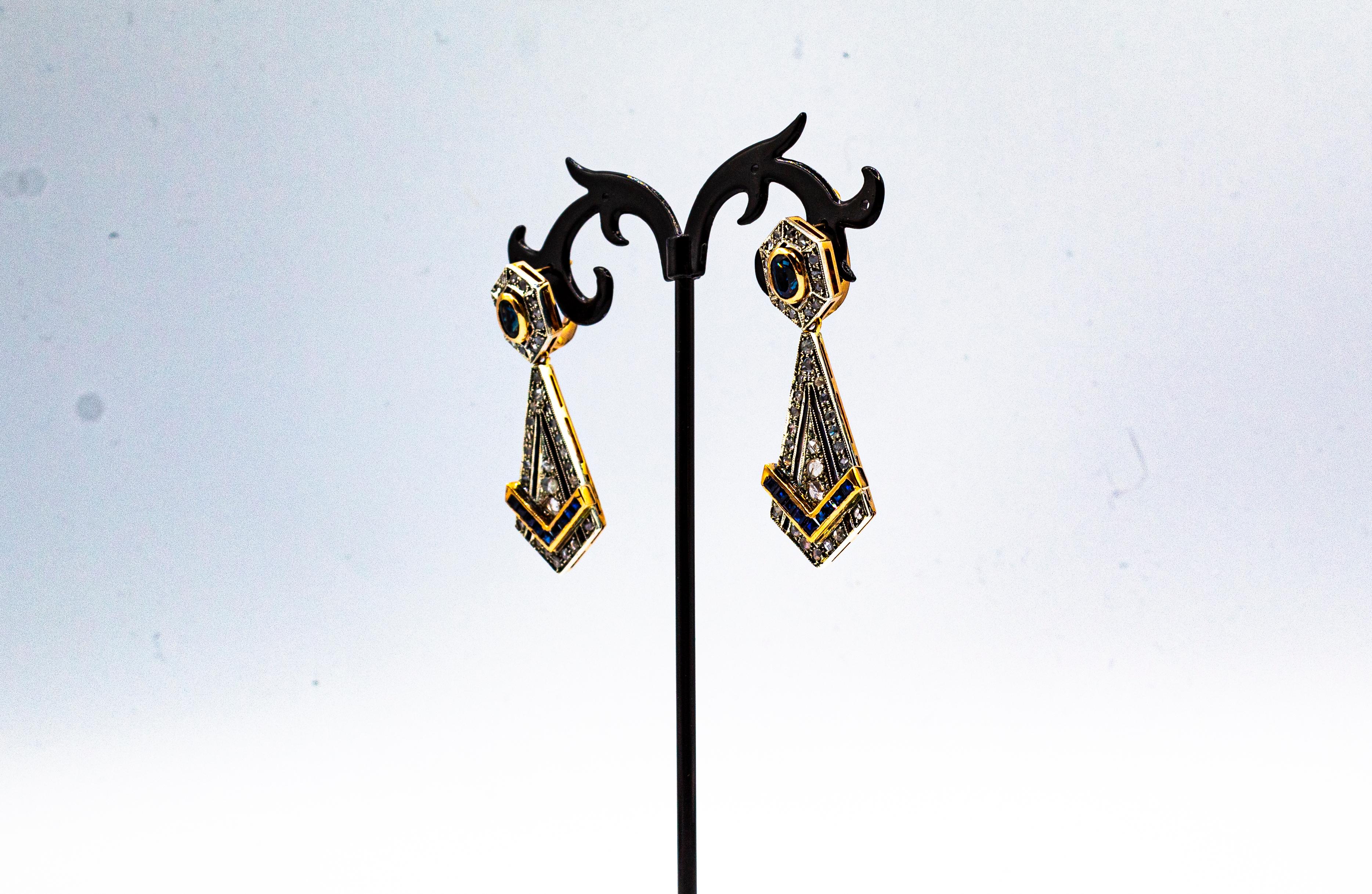 Art Deco Style White Rose Cut Diamond Blue Sapphire Yellow Gold Drop Earrings For Sale 5