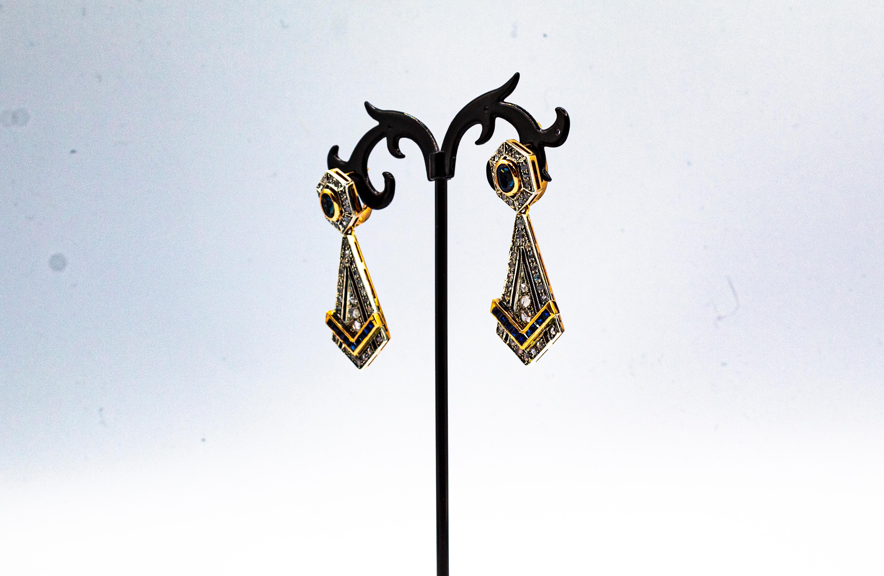 Boucles d'oreilles en goutte de style Art déco en or jaune avec diamants blancs et saphirs bleus taille rose en vente 4