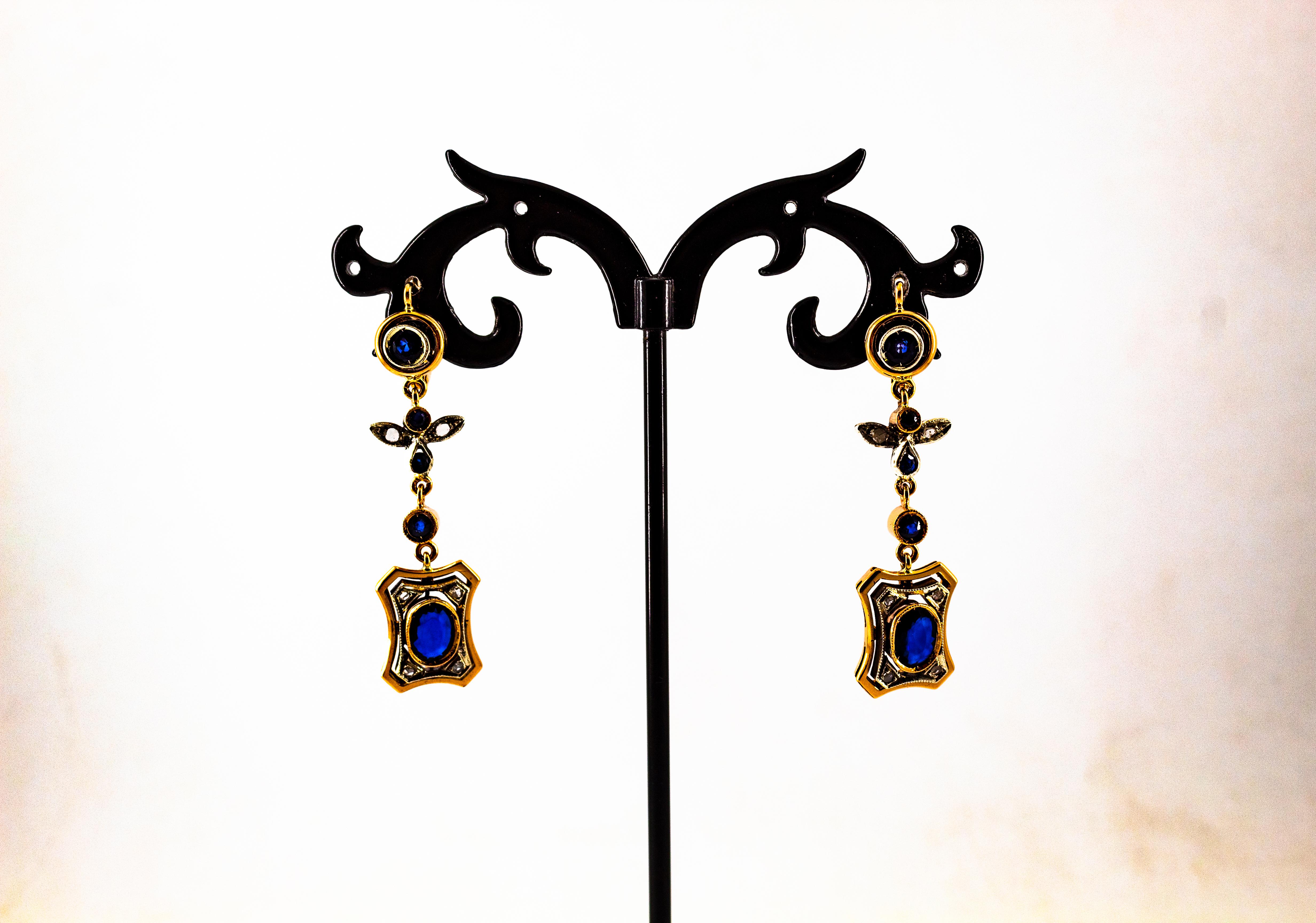 Pendientes de oro amarillo estilo art déco con diamante blanco talla rosa y zafiro azul en venta 3