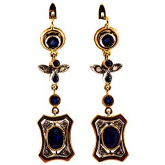 Vintage Art Deco Style White Rose Cut Diamond Blue Sapphire Yellow Gold Drop Earrings